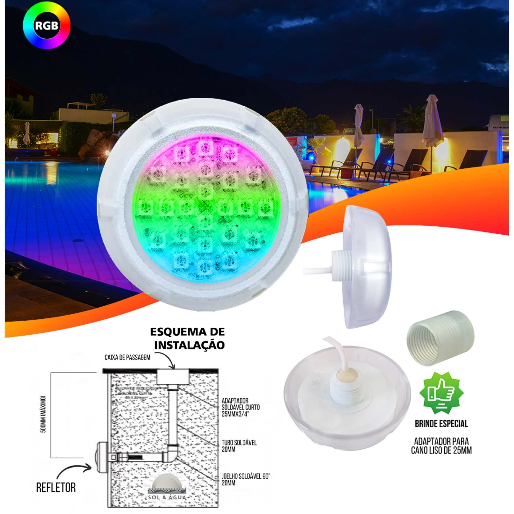 Refletor Power Led 5w Rgb Em Policarbonato Iluminação Para Piscina - Brustec