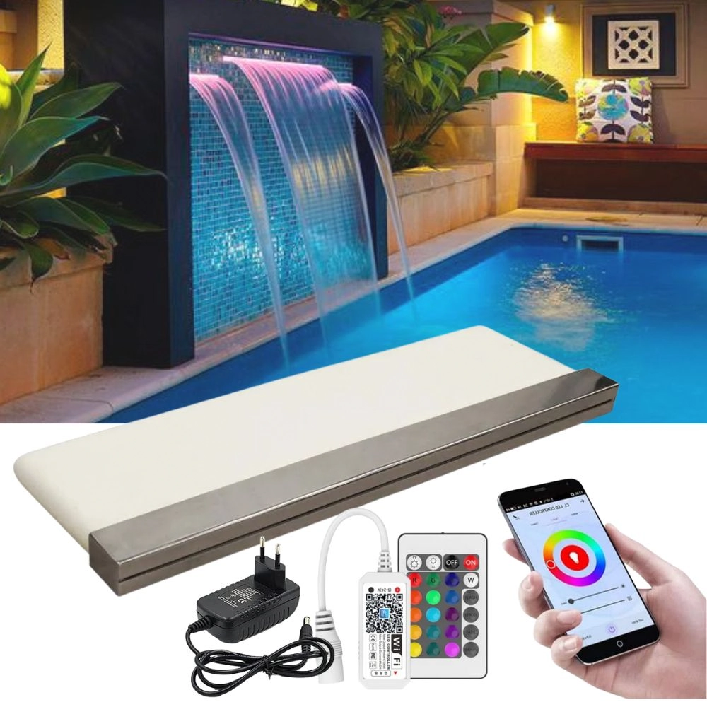 Cascata Para Piscina 100cm De Embutir Com Iluminação Led Rgb E Controlador Wifi