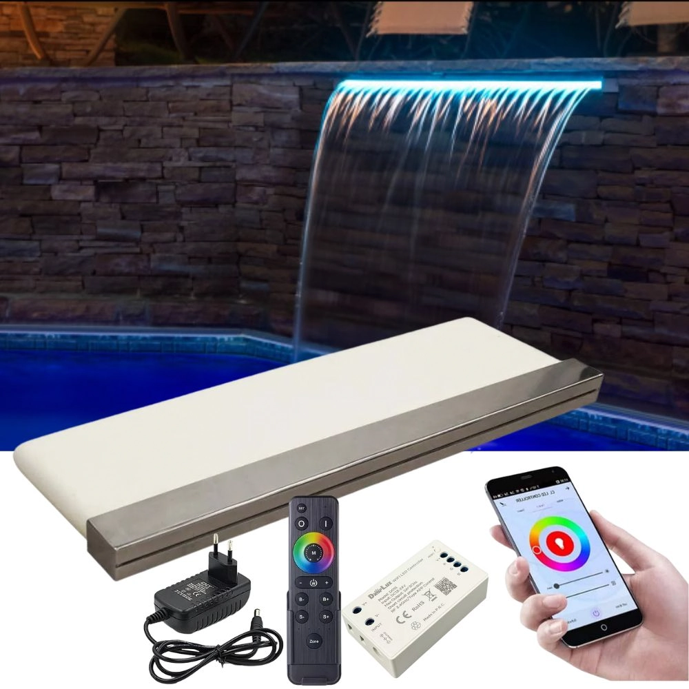 Cascata Para Piscina 80cm De Embutir Com Iluminação Led Rgb E Controlador Wifi