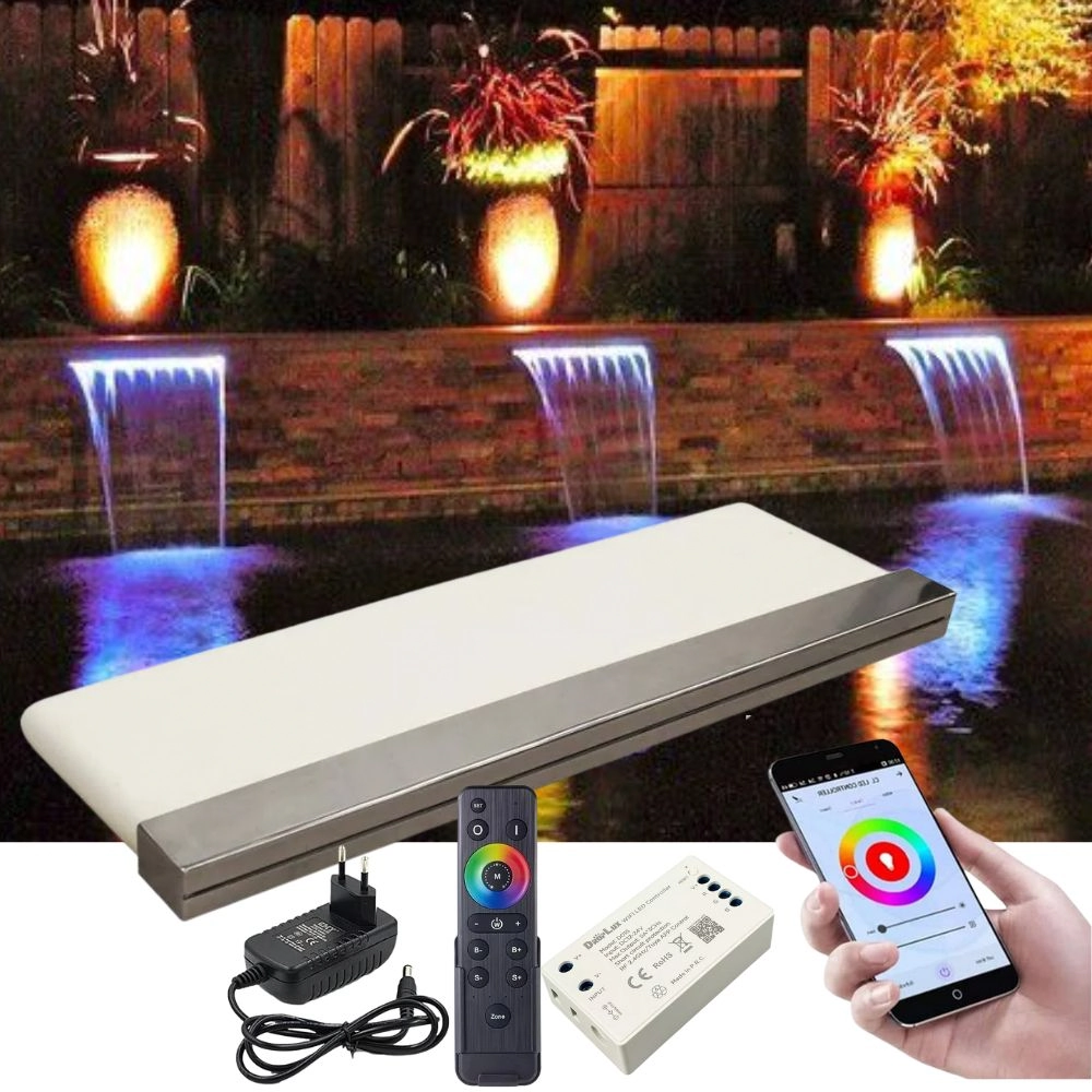 Cascata Para Piscina 40cm De Embutir Com Iluminação Led Rgb E Controlador Wifi