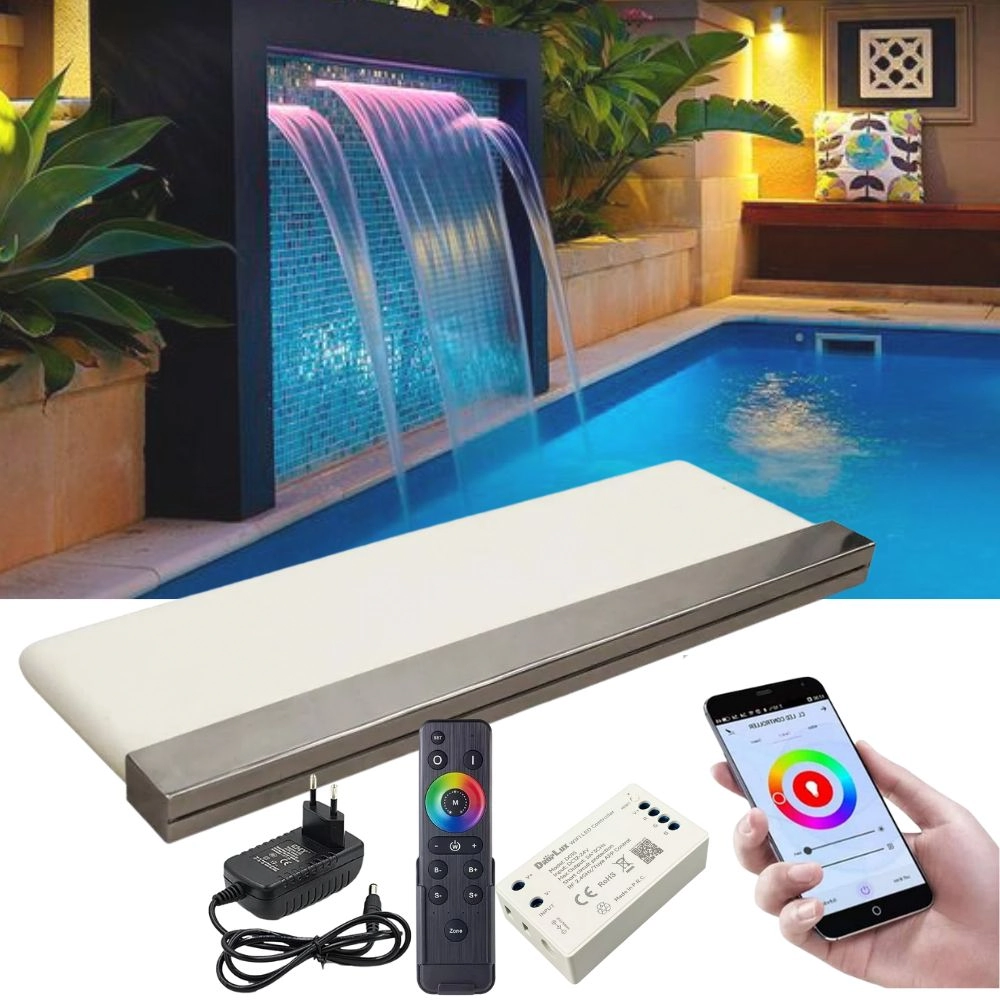 Cascata Para Piscina 60cm De Embutir Com Iluminação Led Rgb E Controlador Wifi