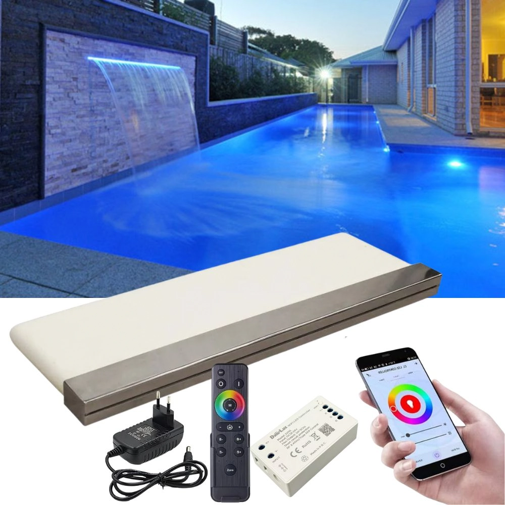 Cascata 2 Metros Para Piscinas Com Iluminação Led Rgb E Controlador Wifi