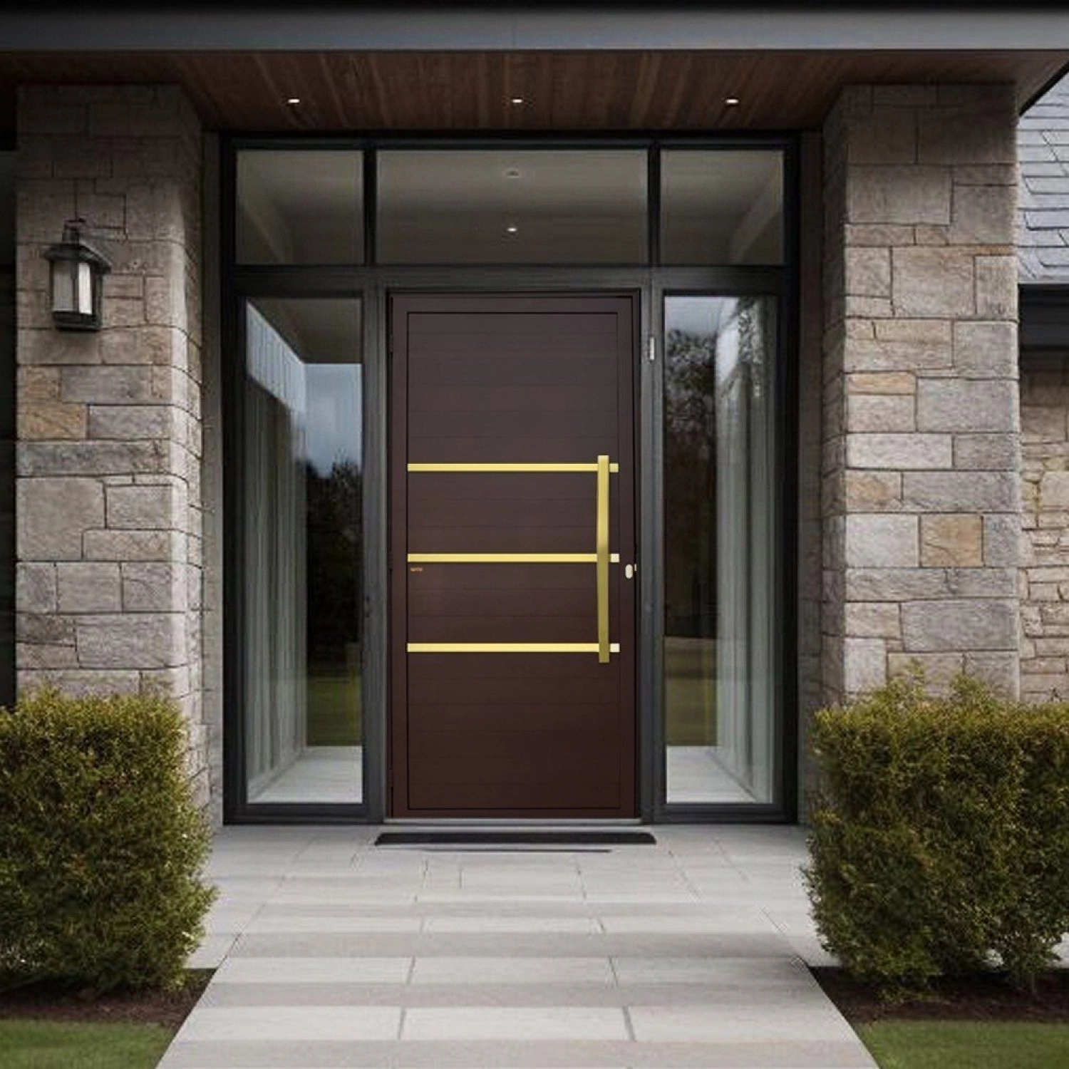 Porta De Aluminio Lambril 210x90cm Com Puxador Super Evolution Brimak Abertura Direita Marrom Corten Dourado