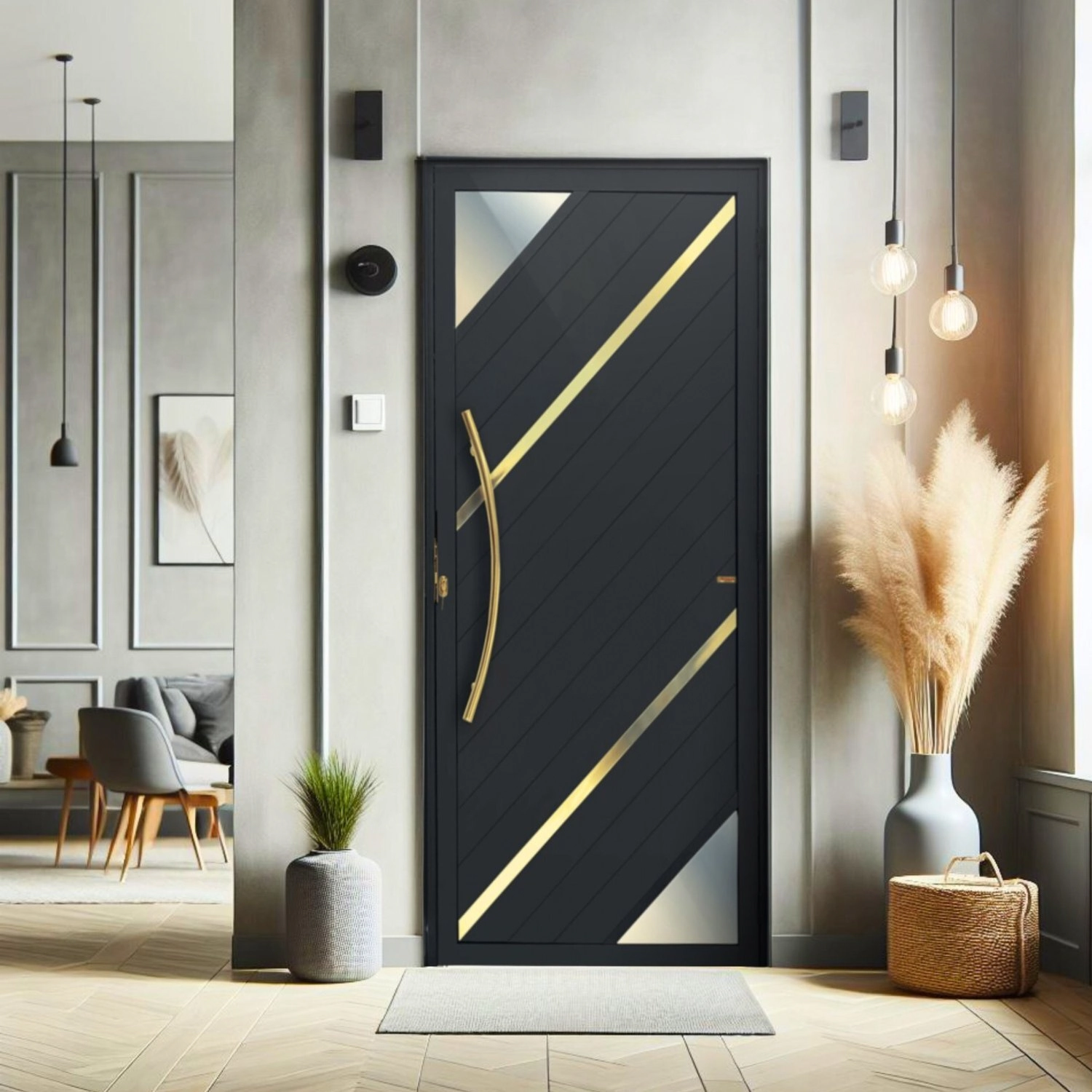 Porta De Aluminio Pivotante Lambril 210x120cm Com Puxador Super Oasis Brimak Abertura Direita Preto Dourado