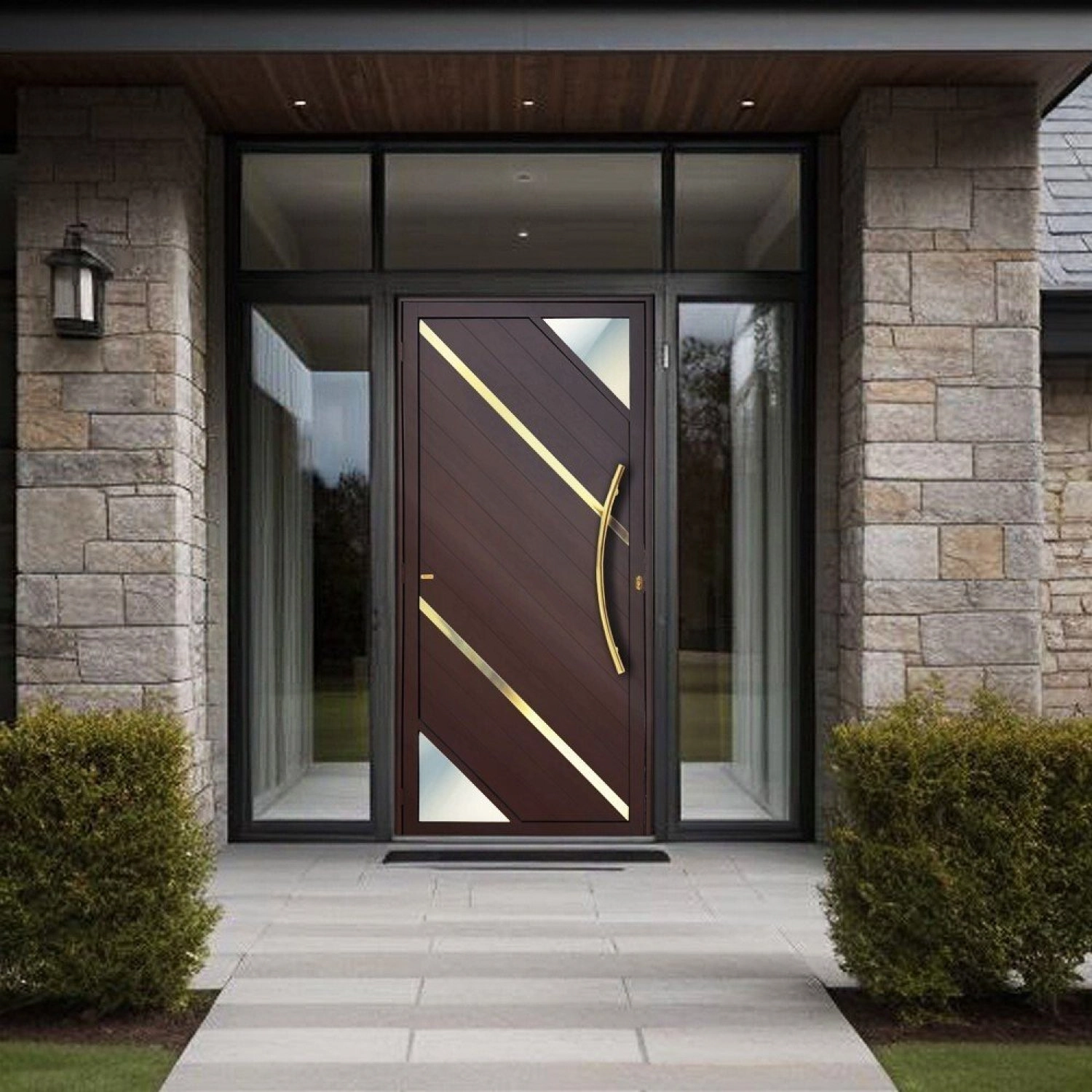 Porta De Aluminio Pivotante Lambril 210x100cm Com Puxador Super Oasis Brimak Marrom Corten Dourado