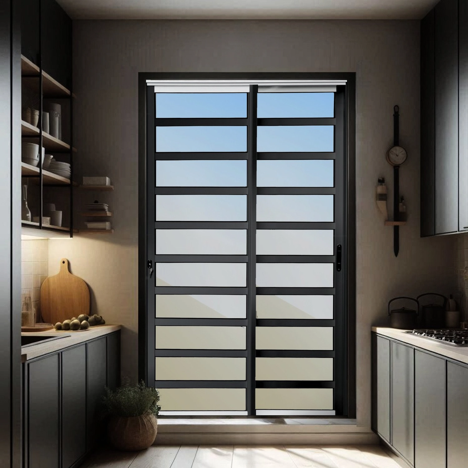 Porta De Correr Com Travessas 2 Folhas Moveis 210 X 120 Elite Com Fechadura Tetra Vidro Reflex Mix Preto