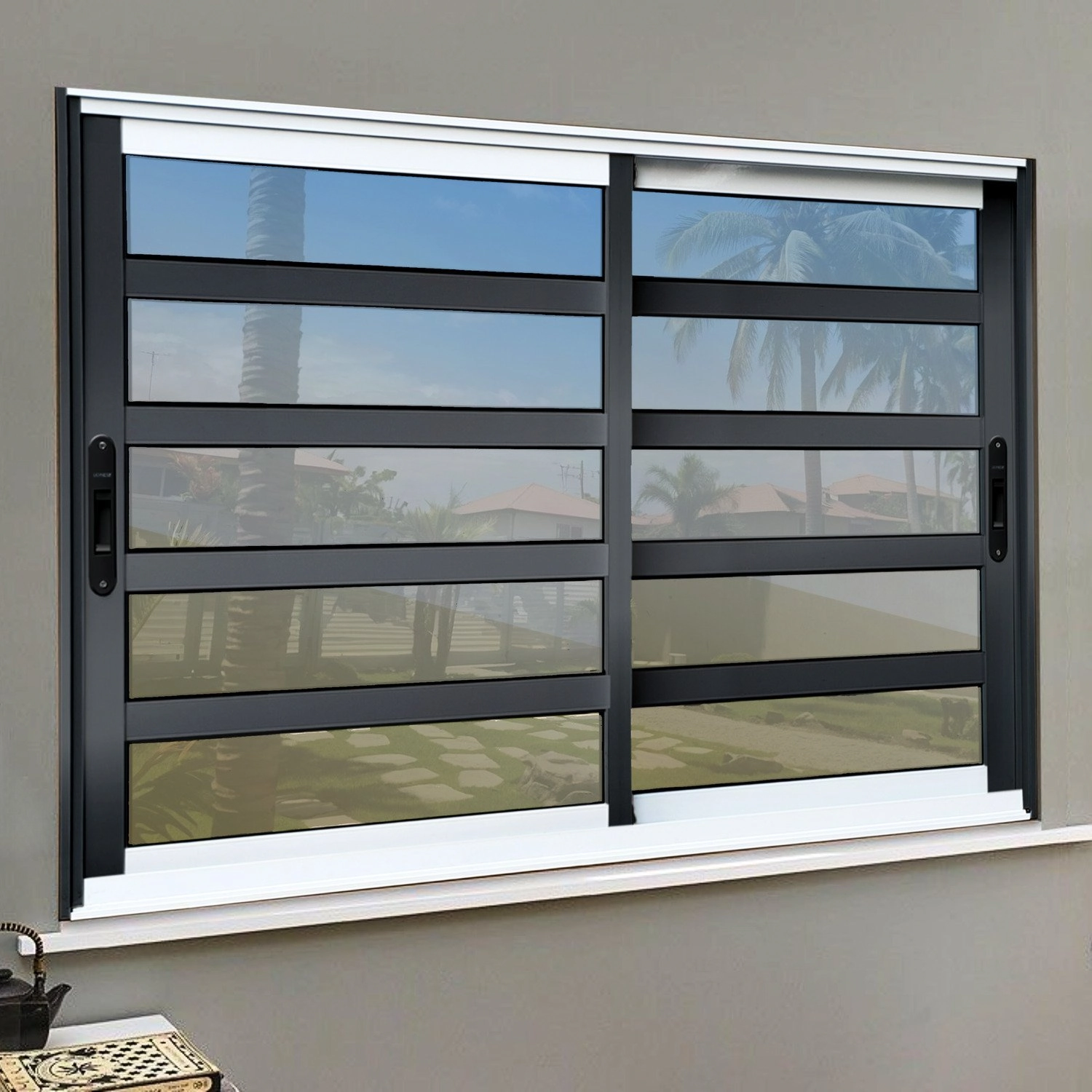 Janela Elite Com Travessas 2 Folhas Moveis 100 X 120 Vidro Reflex Mix Preto