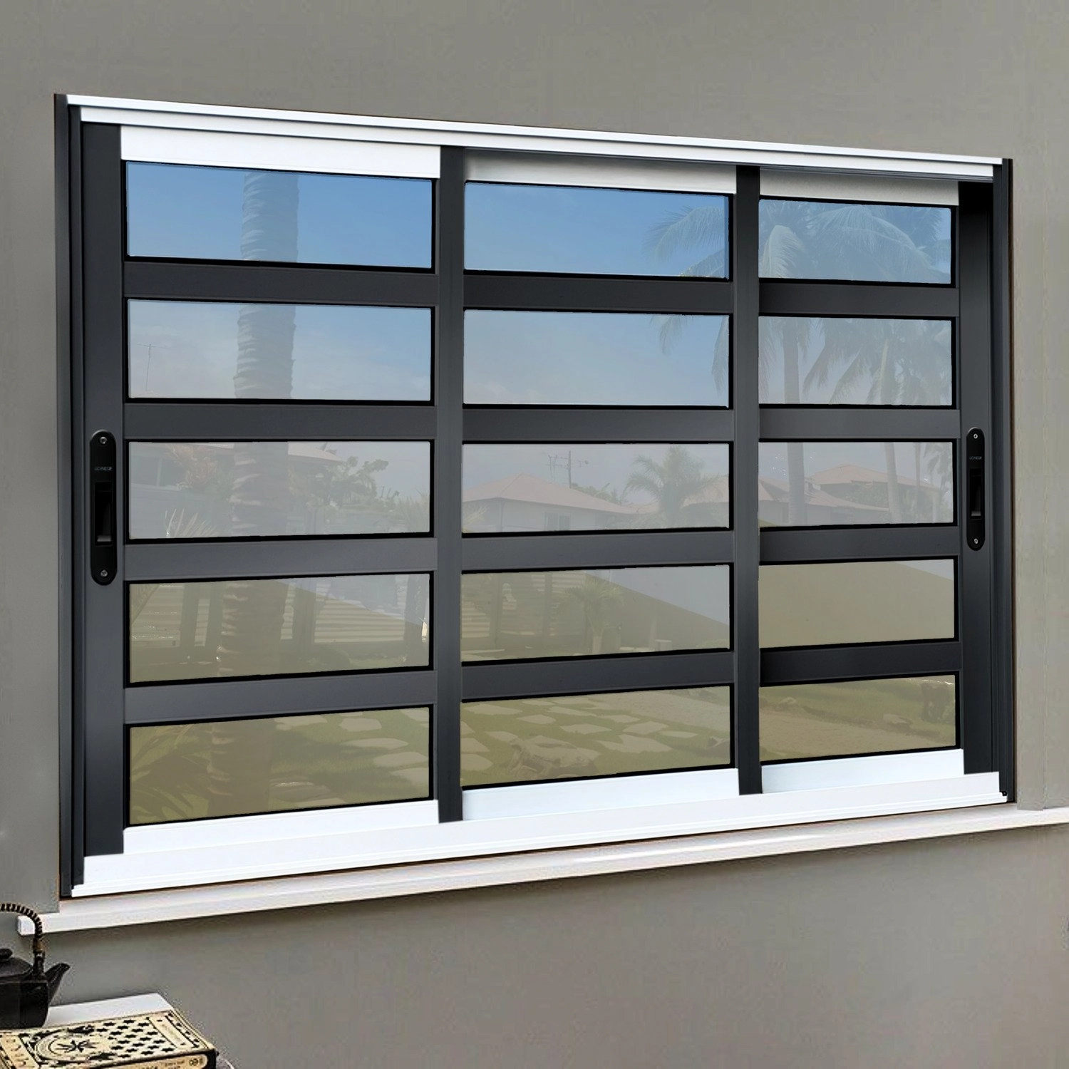 Janela Elite Com Travessas 3 Folhas Moveis Sequenciais 120 X 240 Vidro Reflex Mix Preto