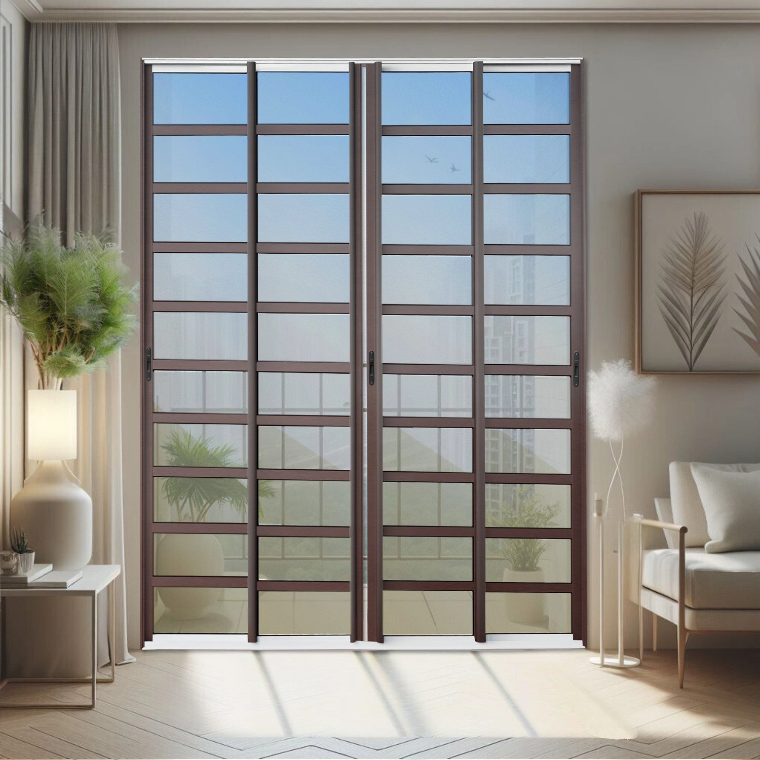 Porta De Correr Com Travessas 4 Folhas Moveis 210 X 200 Elite Com Fecho Automático Vidro Reflex Mix Corten