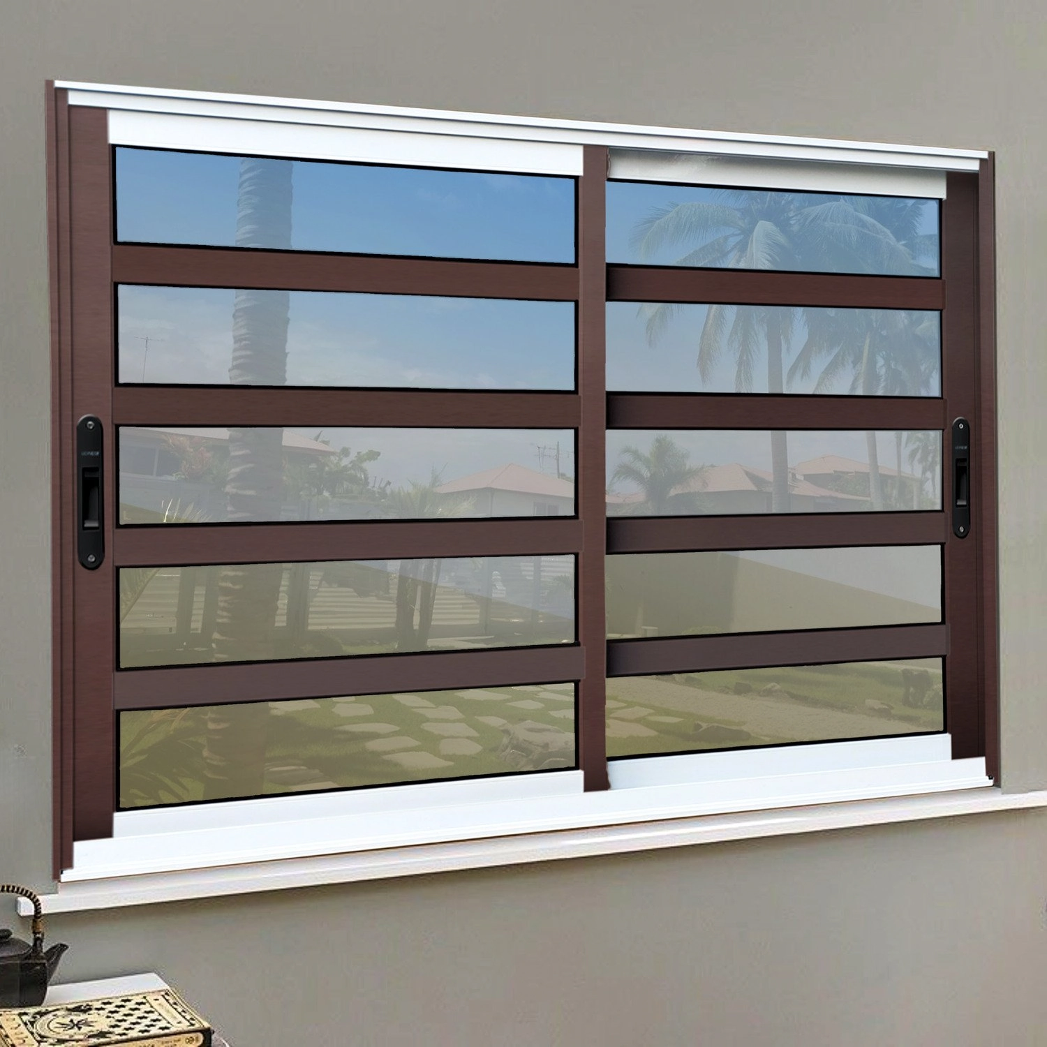 Janela Elite Com Travessas 2 Folhas Moveis 100 X 100 Vidro Reflex Mix Corten