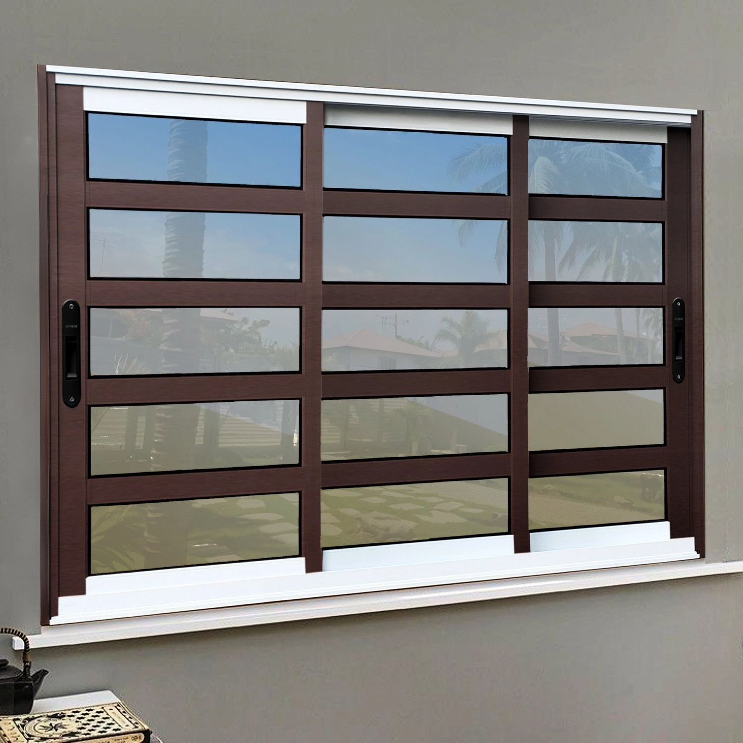Janela Elite Com Travessas 3 Folhas Moveis Sequenciais 100 X 240 Vidro Reflex Mix Corten