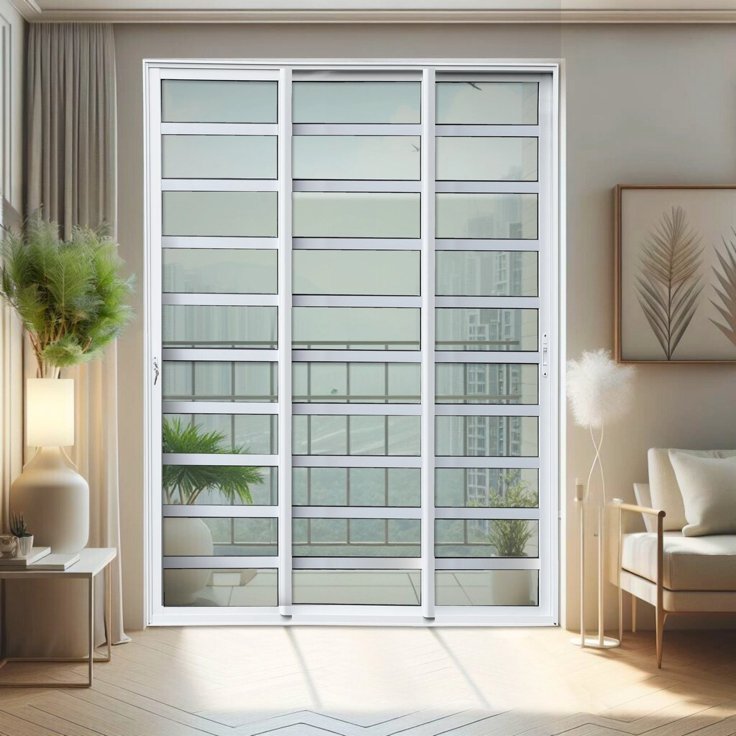 Porta De Correr Com Travessas 3 Folhas Moveis Sequenciais 210 X 240 Elite Com Fechadura Tetra Vidro Branco