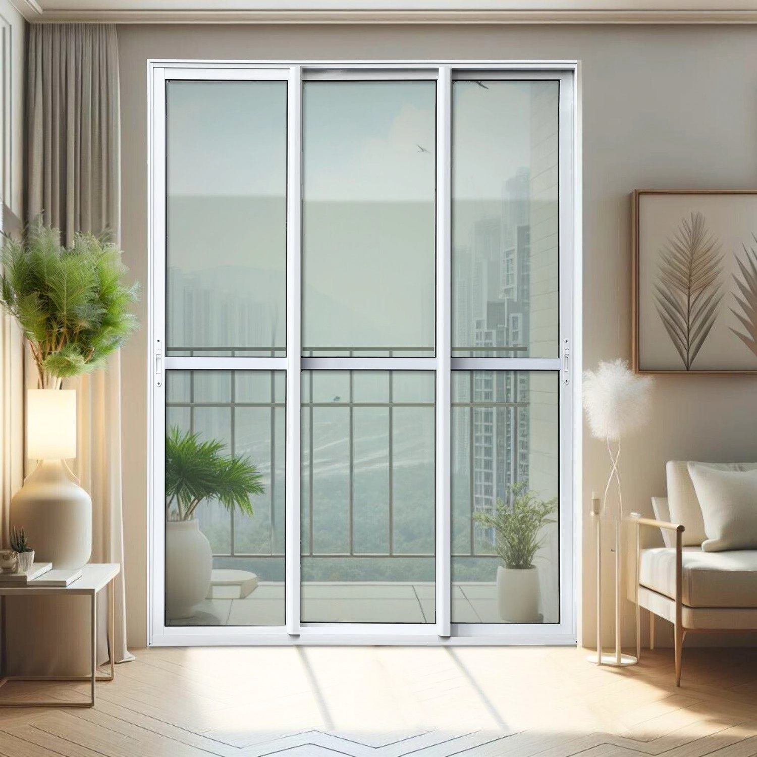 Porta De Correr 3 Folhas Moveis Sequenciais 210 X 200 Elite Com Fecho Automático Vidro Liso Branco