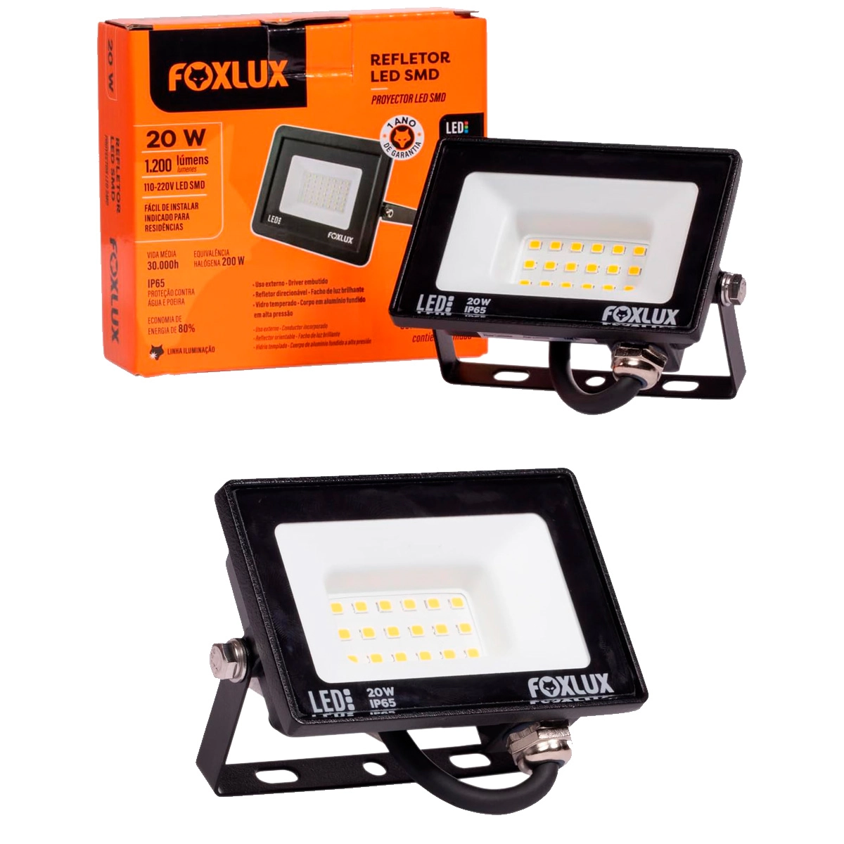 Kit 2 Refletor Led Foxlux 20w 3000k Bivolt Preto