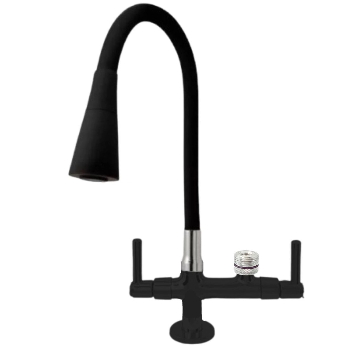 Torneira Gourmet Preta em Metal De Bancada c/ Tubo Flexível Cone Dupla Saída Rosca P/ Máquina De Lavar Ou Purificador