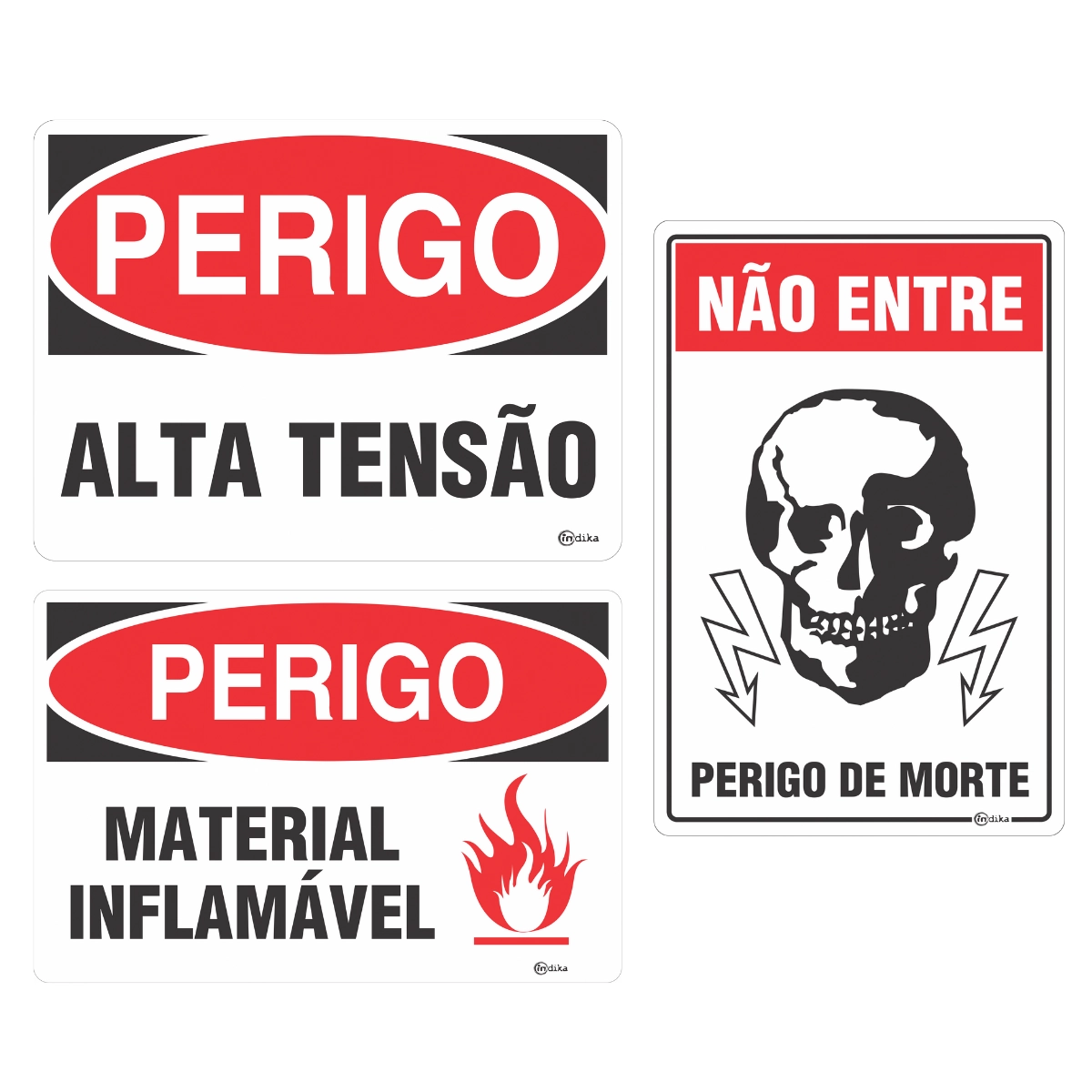 Conjunto 3 Placas Sinalização Adesiva Perigo Morte Alta Tensão Inflamável 15x20 Pvc