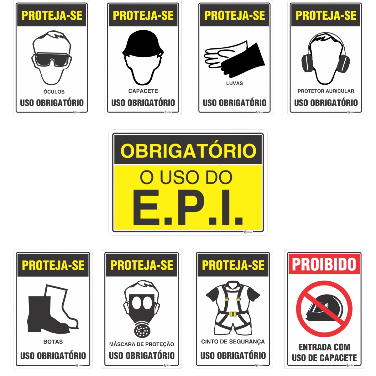 Kit Sinalização Completo  Uso Obrigatório de EPI Pvc Adesivo Resistente 9 Unid