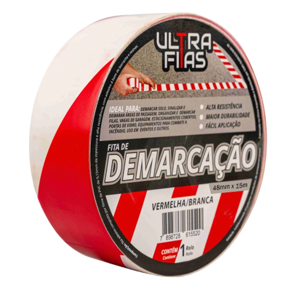 Fita Demarcação De Solo Pvc 48 Mm X 15 Metros - Listrada/Zebrada (Branca e Vermelha)