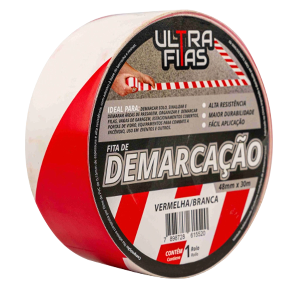 Fita Demarcação De Solo Pvc 48 Mm X 30 Metros - Listrada/zebrada (branca E Vermelha)