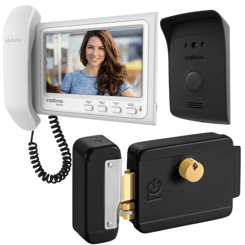 Kit 1 Vídeo Porteiro Interfone Ivr 1070 Hs + 1 Fechadura Preta Reversível Fcfec01n Ivr1070