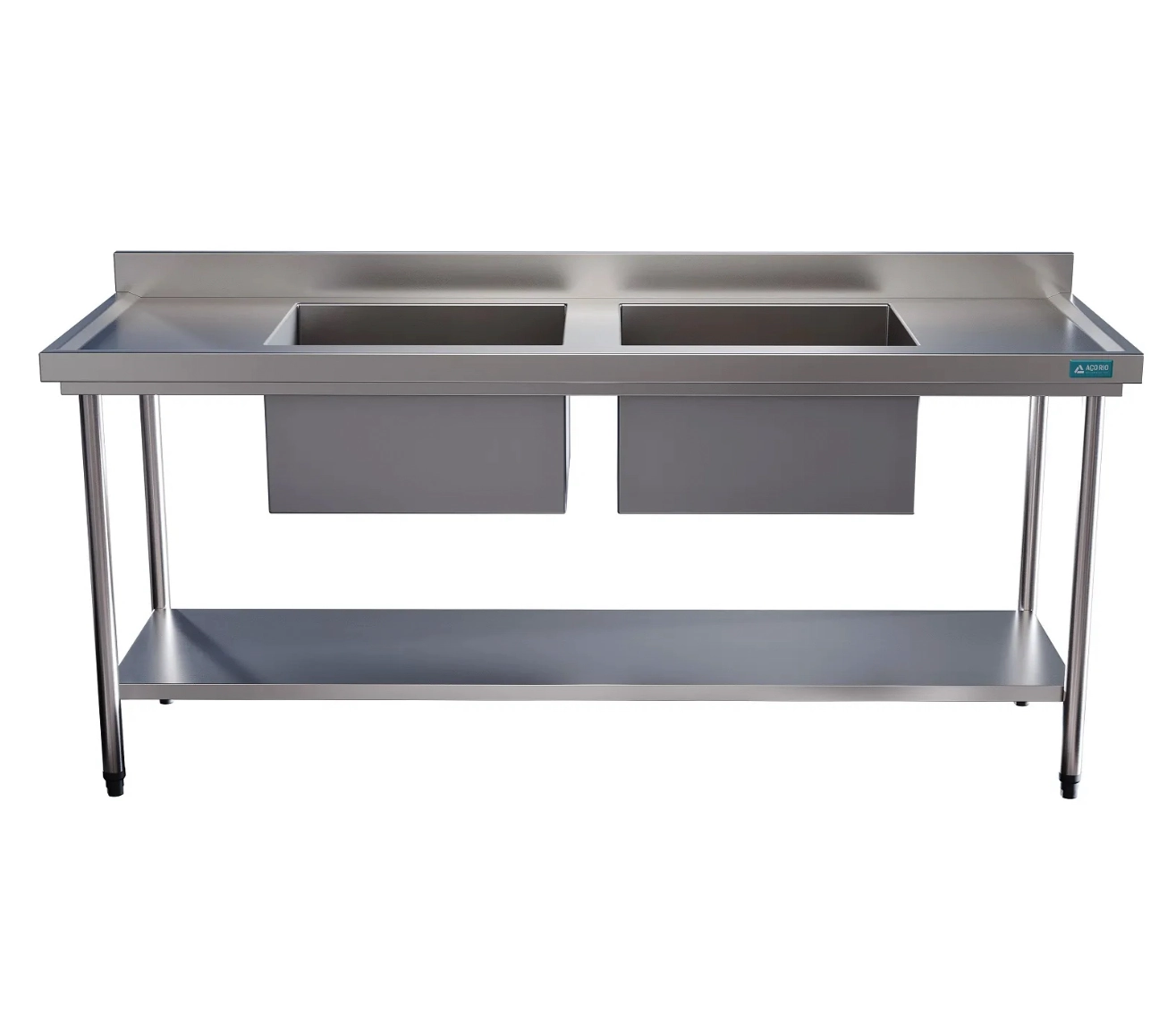 Mesa Pia Em Aço Inox Com Duas Cubas Centro E Prateleira 150x60x85 Aço Rio