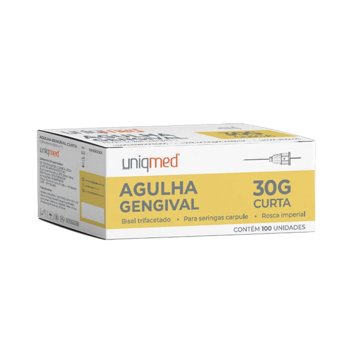 Agulha Gengival Aço Inoxidável 100 Unidades Uniqmed 30G 0,30x25mm Curta