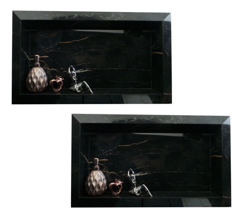 Kit 2 Nichos Prateleira em Porcelanato Borda Diamante Preto com Dourado 60 X 32cm