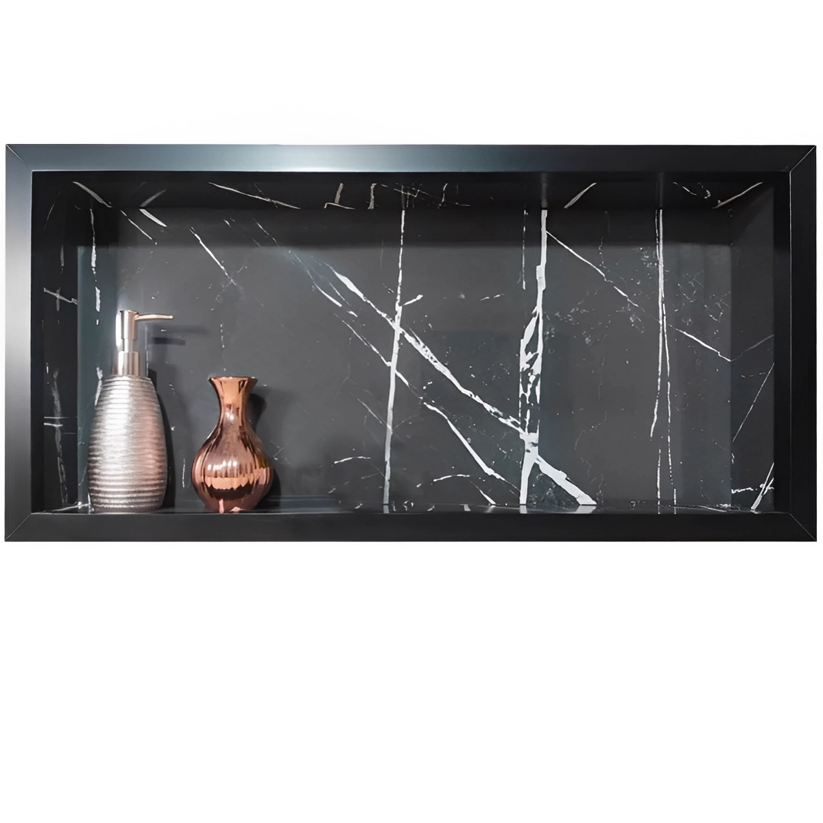 Nicho de Porcelanato Banheiro Preto Rajado de Branco Marmore 60x32