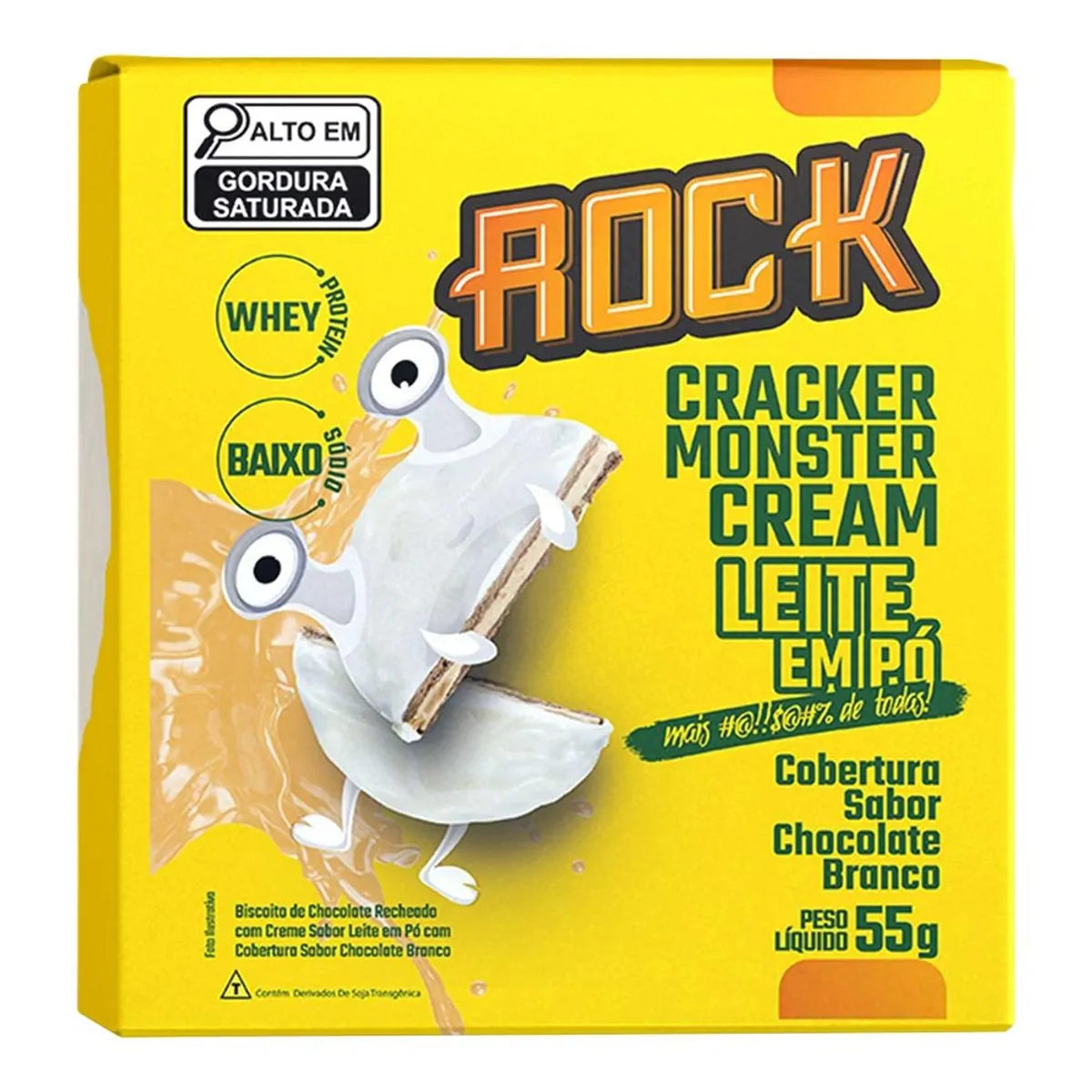Biscoito Chocolate Recheio Cream Leite Em Pó Cobertura Chocolate Branco Rock Cracker Monster Caixa 5