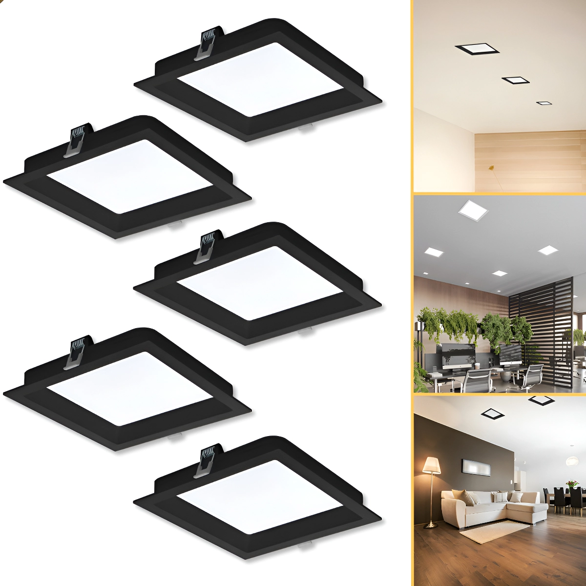 Kit 5 Plafon Painel Embutir Led Quadrado 18w Recuado Bivolt Preto Luz Neutra