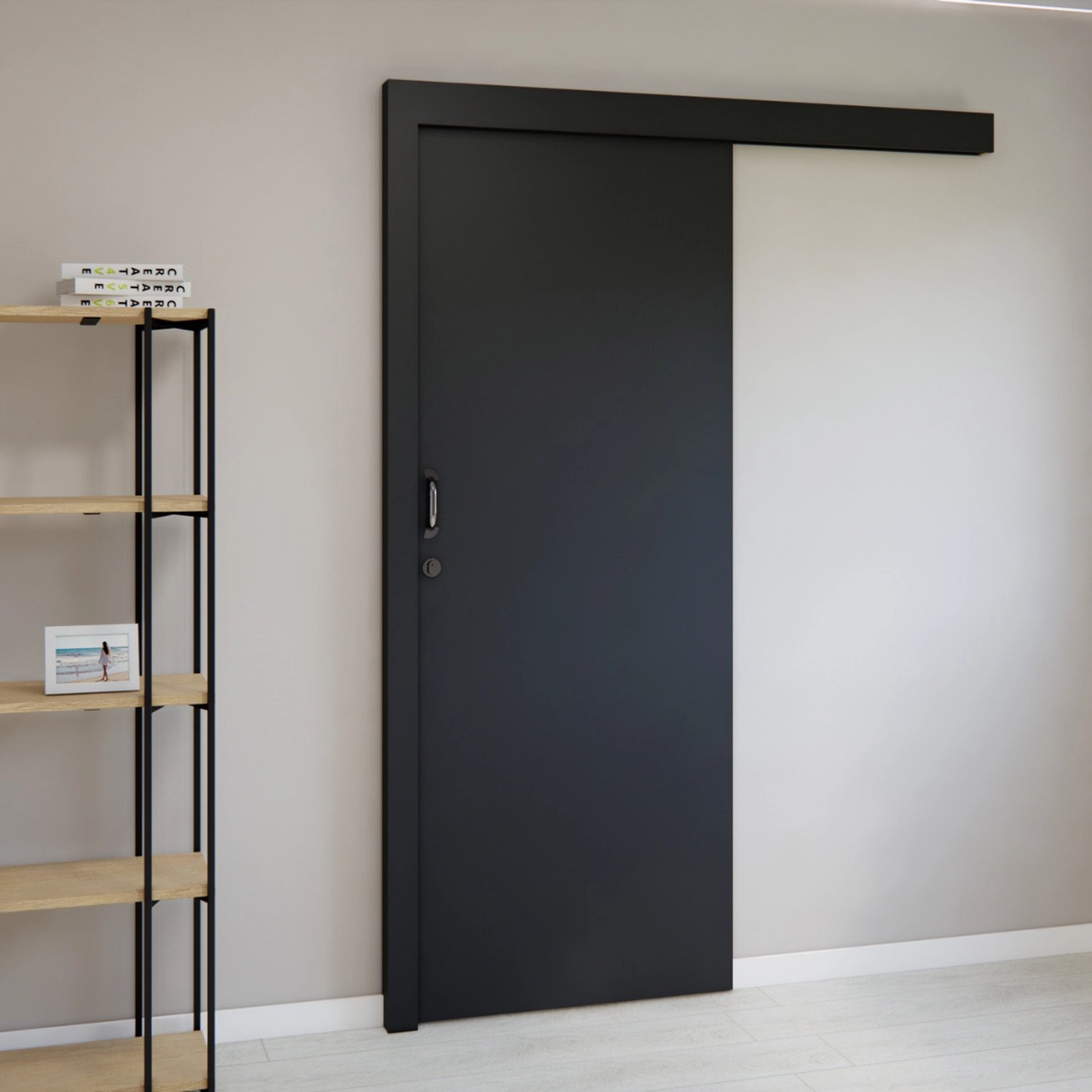 Kit Porta De Madeira De Correr Completa 213cm X 60cm Batente Regulável 18 Incoportas Preto