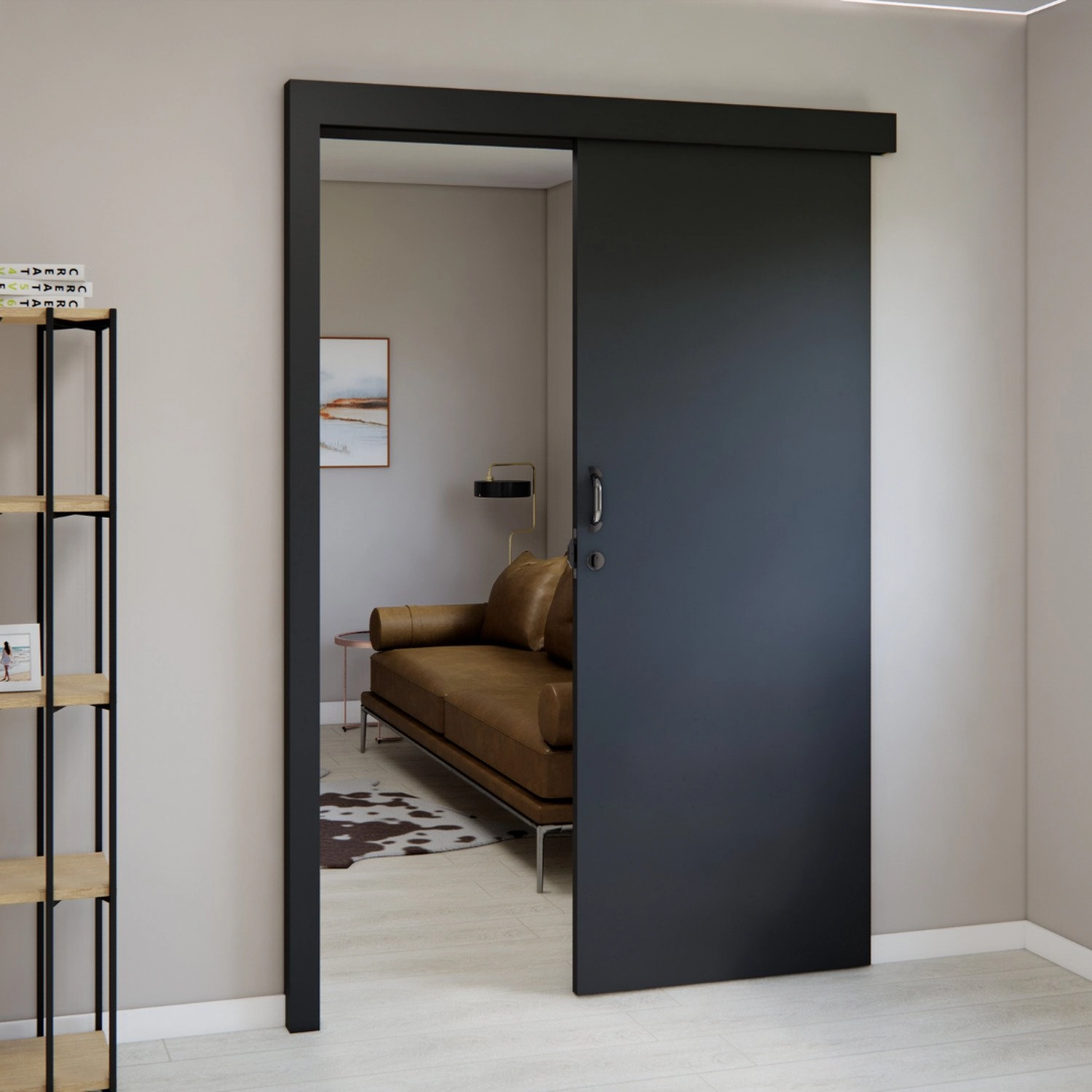Kit Porta De Madeira De Correr Completa 213cm X 80cm Batente Regulável 20 A 22,5 Incoportas Preto