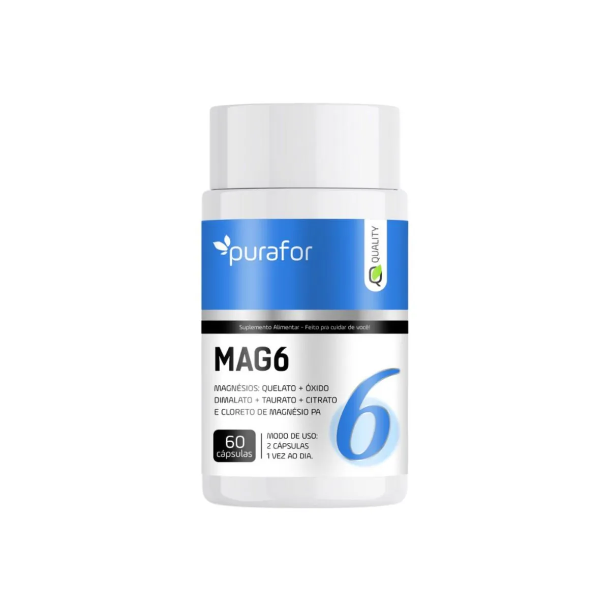 Mag6 6 Magnésios Quelato + Óxido + Dimalato + Taurato + Citrato e Cloreto de magnésio PA Purafor 500