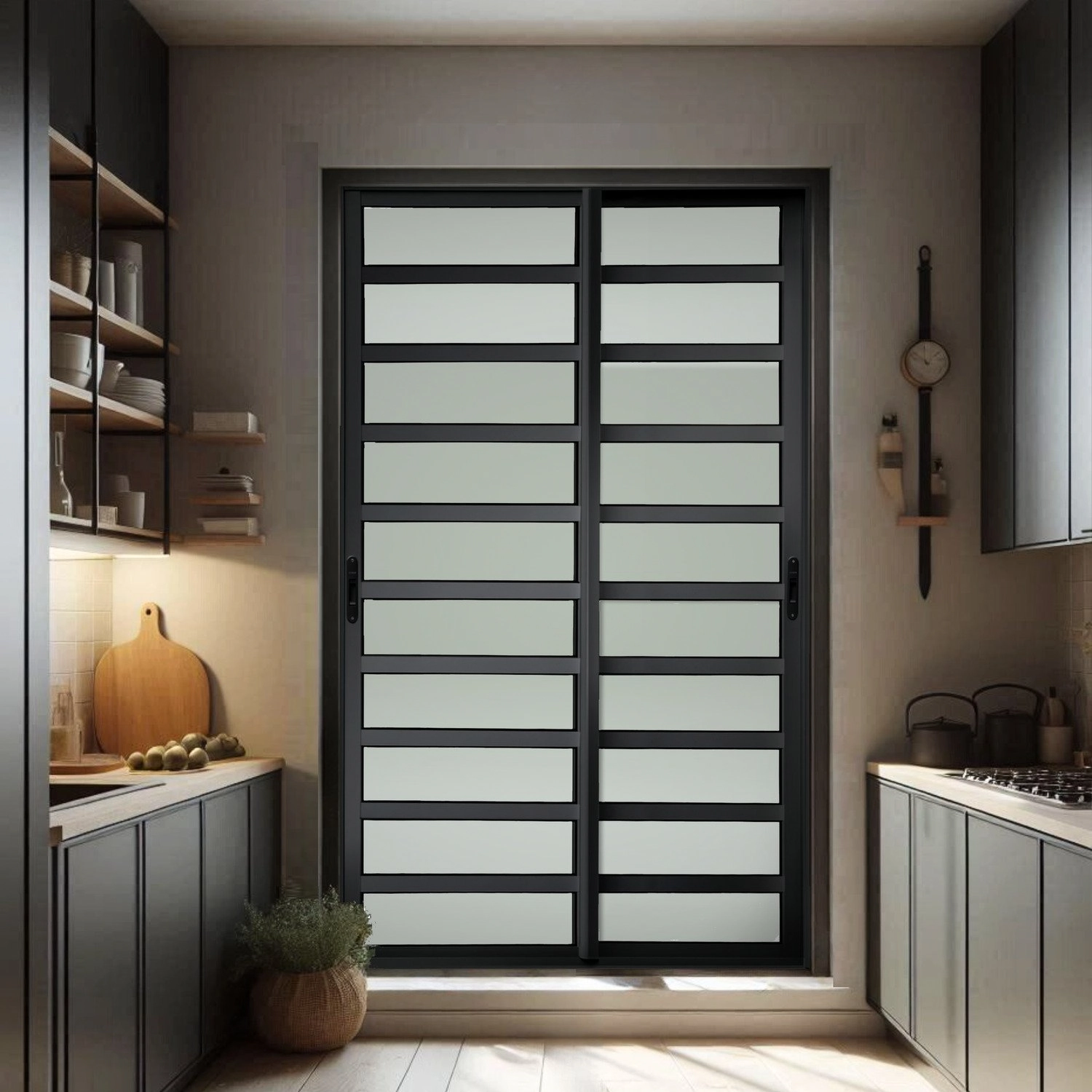 Porta De Correr Com Travessas 2 Folhas Moveis 210 X 200 Elite Com Fecho Automático Vidro Liso Preto