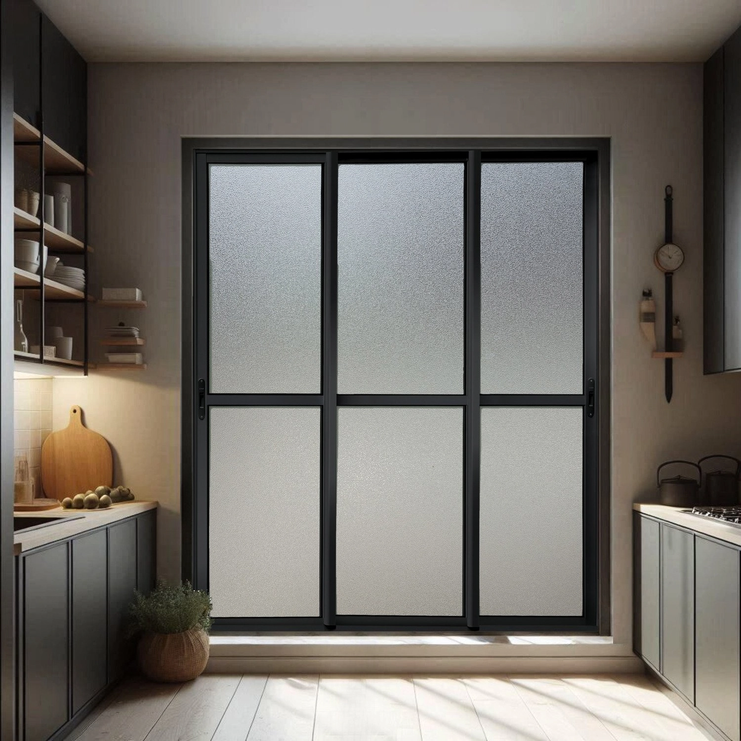 Porta De Correr 3 Folhas Moveis Sequenciais 210 X 240 Elite Com Fecho Automático Vidro Liso Preto