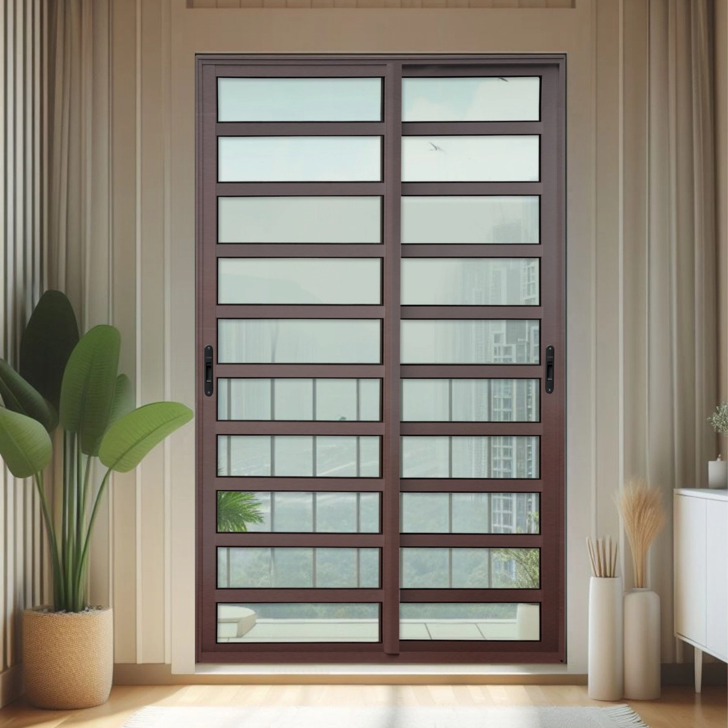 Porta De Correr Com Travessas 2 Folhas Moveis 210 X 200 Elite Com Fecho Automático Vidro Liso Corten