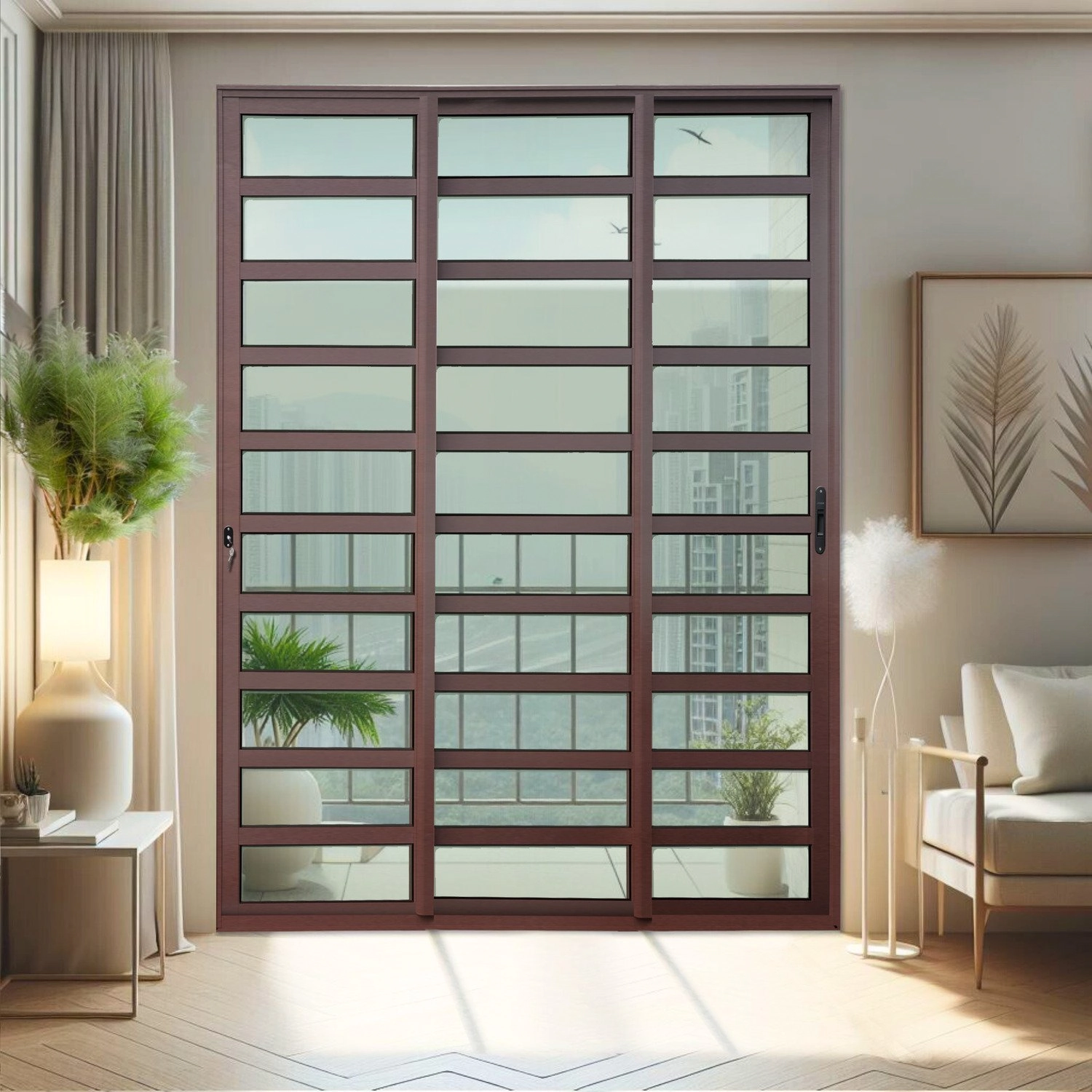 Porta De Correr Com Travessas 3 Folhas Moveis Sequenciais 210 X 200 Elite Com Fechadura Tetra Vidro Corten