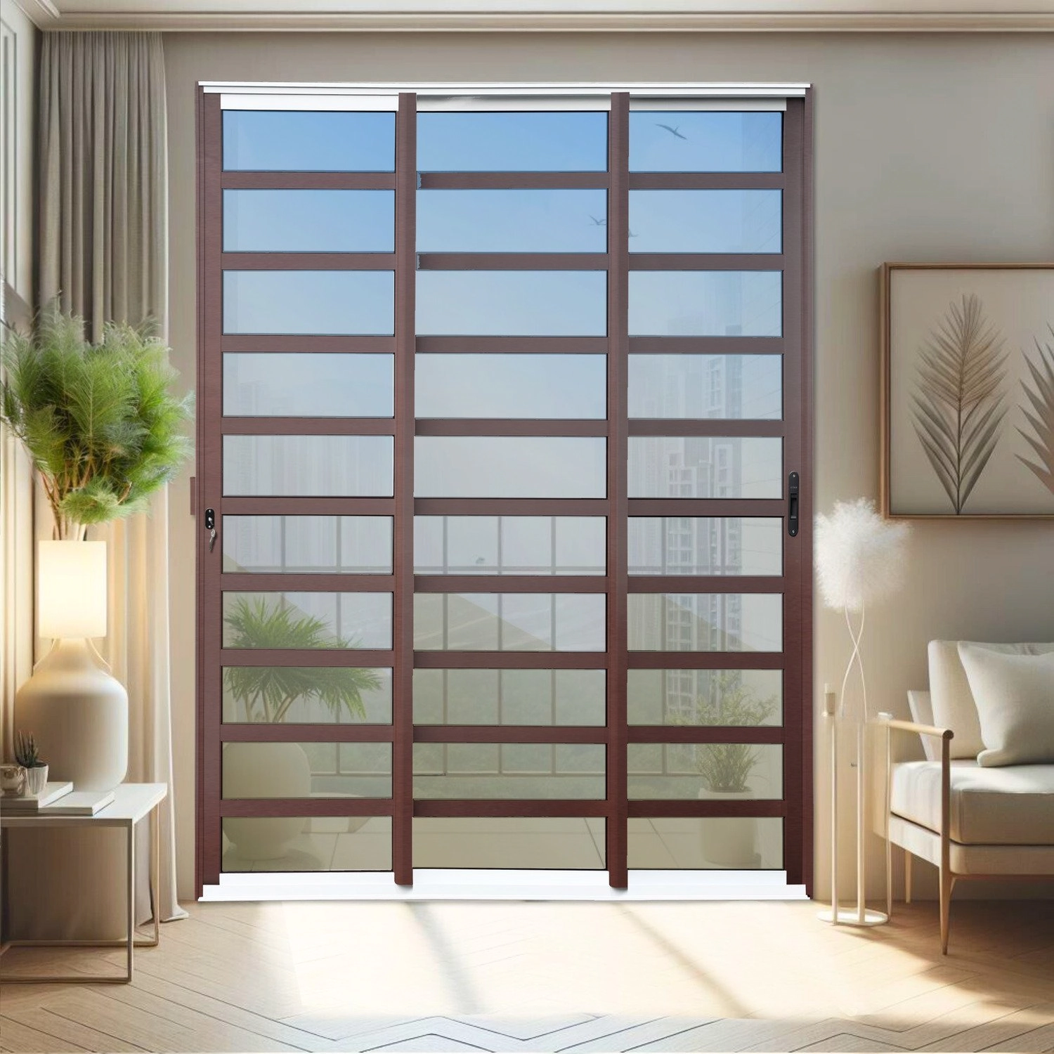 Porta De Correr Com Travessas 3 Folhas Moveis Sequenciais 210 X 240 Elite Com Fechadura Tetra Vidro Mix Corten