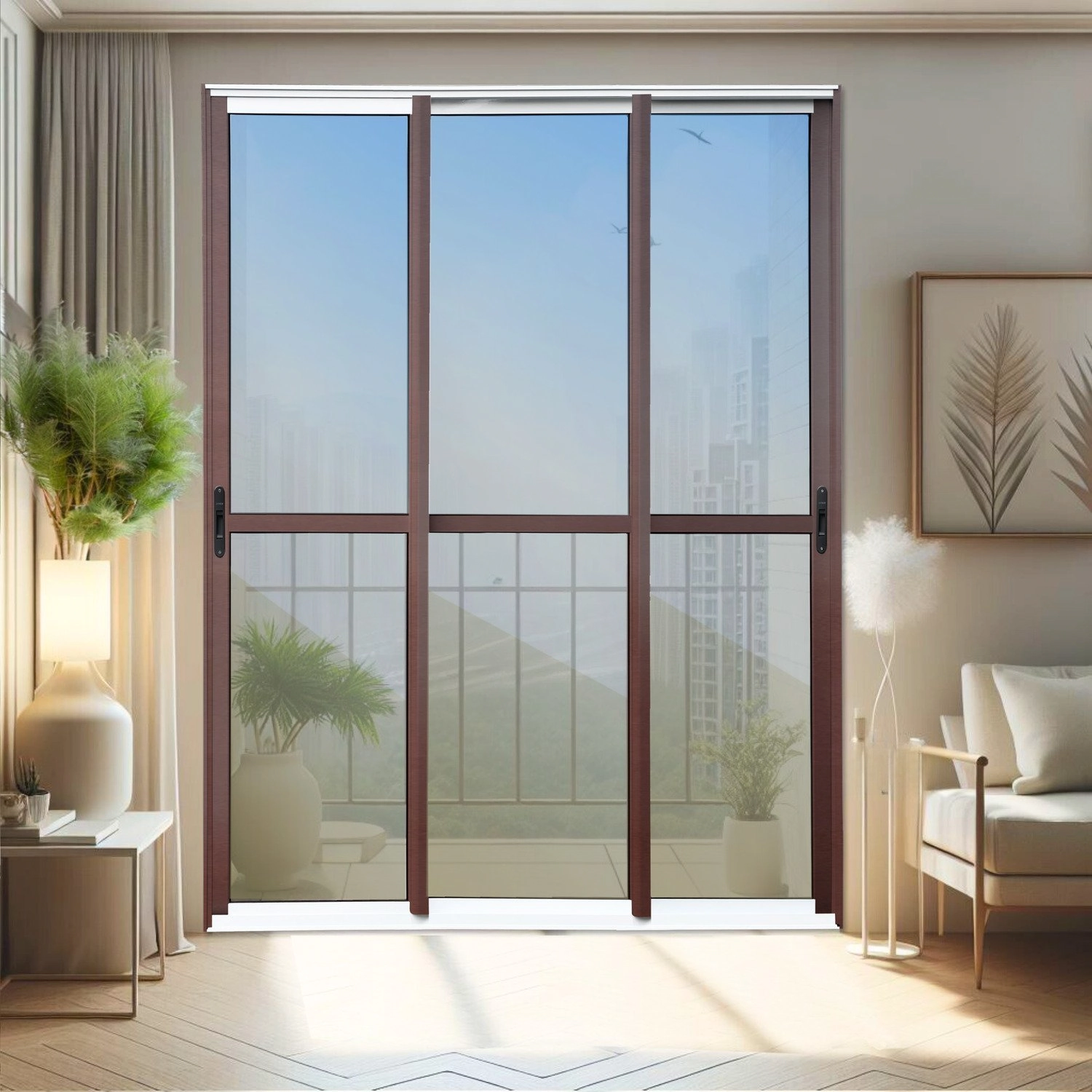 Porta De Correr 3 Folhas Moveis Sequenciais 210 X 240 Elite Com Fecho Automático Vidro Reflex Mix Corten