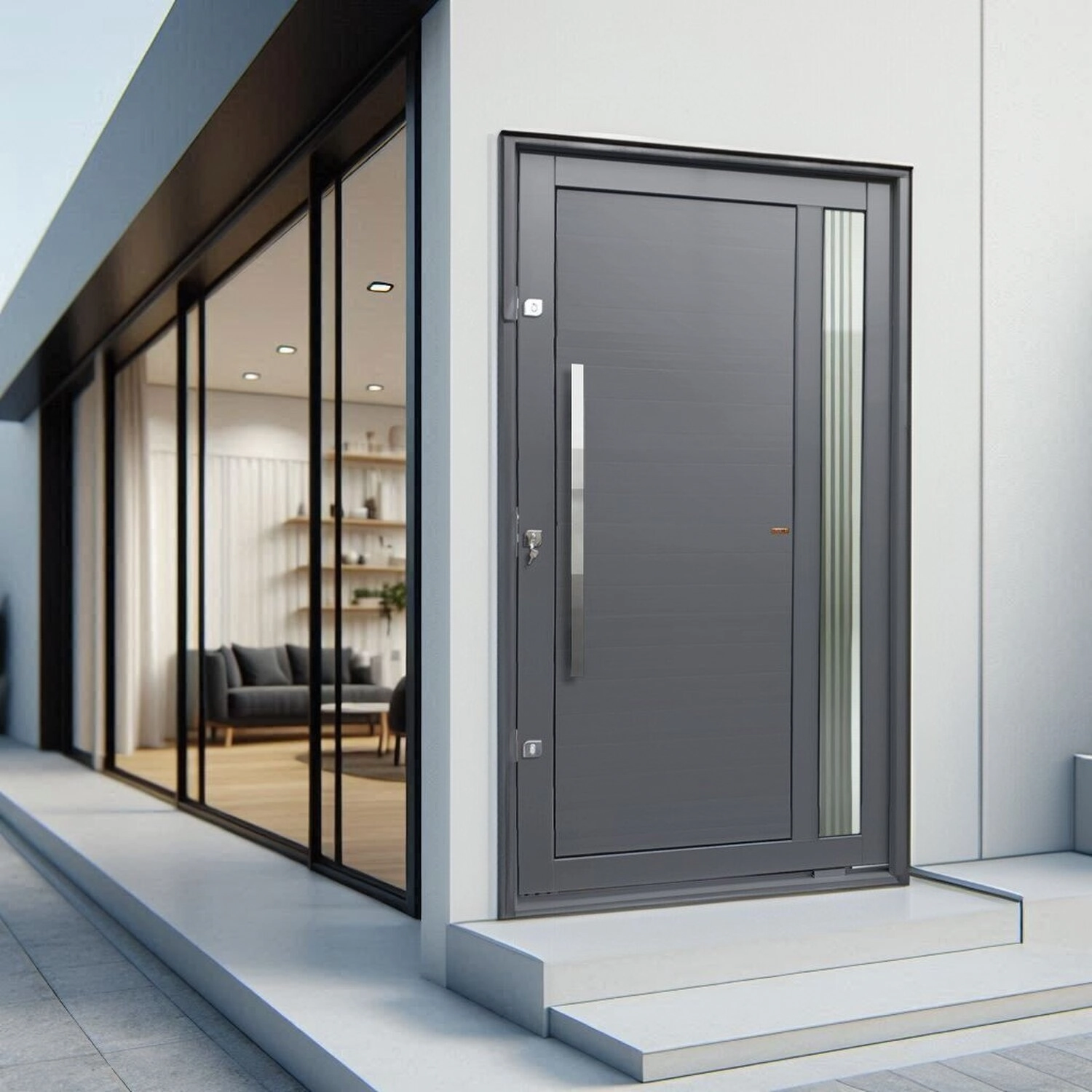 Porta Pivotante Lambril Visione Com Puxador Elite 216x150 Abertura Direita Cinza
