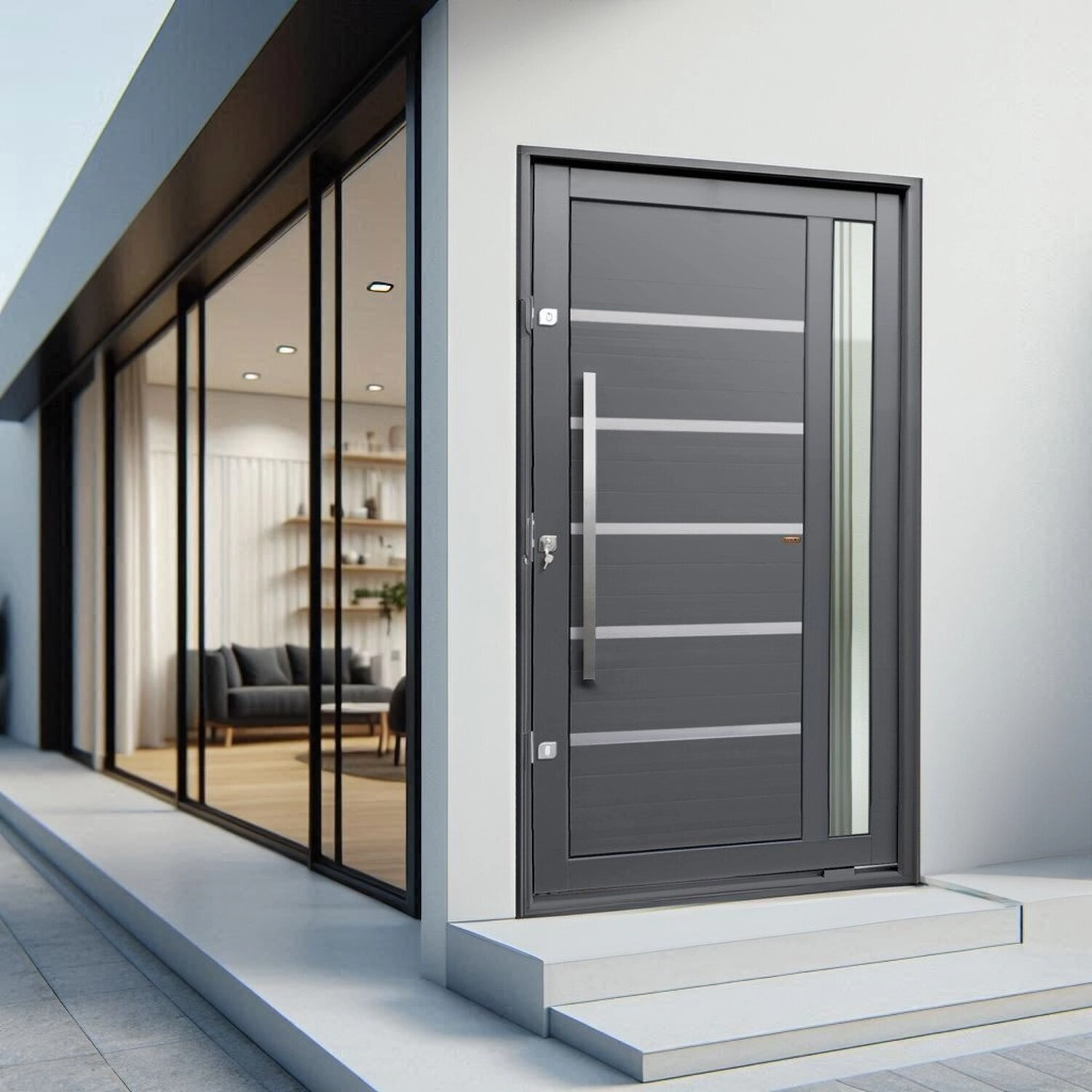 Porta Pivotante Lambril Miraggio Com Puxador Elite 216x100 Abertura Direita Cinza