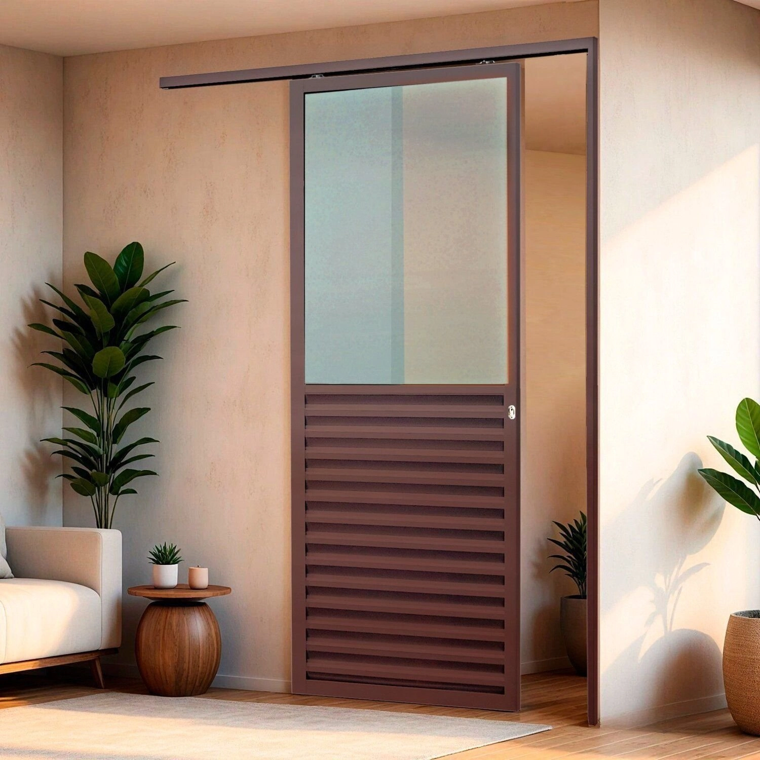 Porta De Correr Suspensa 210x80cm Meia Veneziana Meia Vidro Esq L.25 Brimak Abertura Esquerda Corten