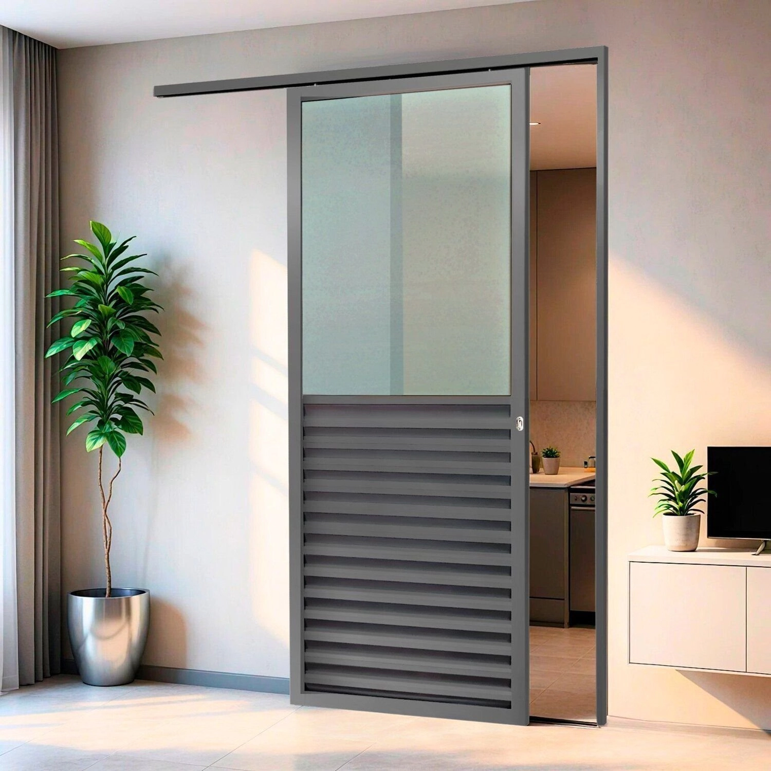 Porta De Correr Suspensa 210x80cm Meia Veneziana Meia Vidro Esq L.25 Brimak Abertura Esquerda Cinza