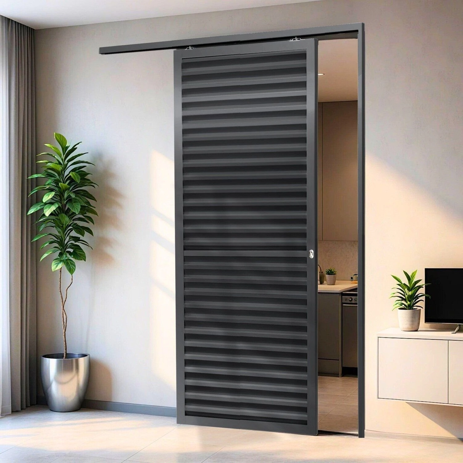 Porta De Correr Suspensa 210x80cm Veneziana Esq L.25 Brimak Abertura Esquerda Cinza