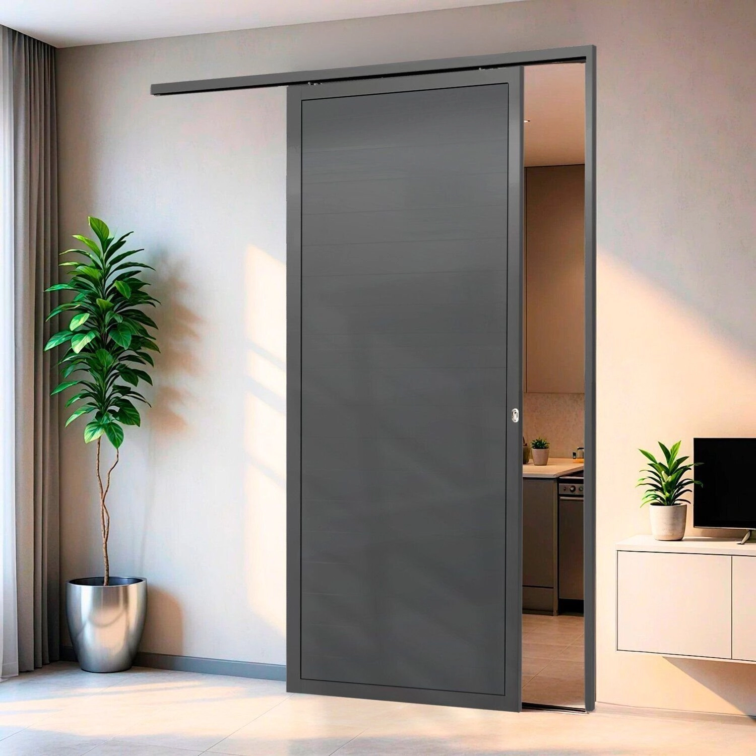 Porta De Correr Suspensa 210x80cm Lambril Esq L.25 Brimak Abertura Esquerda Cinza