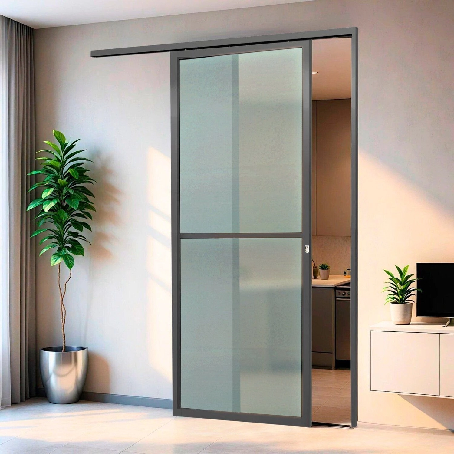 Porta De Correr Suspensa 210x80cm Vidrao Esq L.25 Brimak Abertura Esquerda Cinza