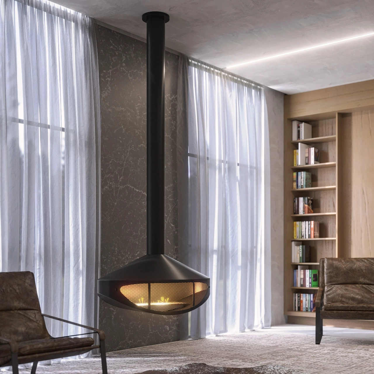 Lareira Suspensa De Teto Aurora + Queimador Em Aço Inox Preto