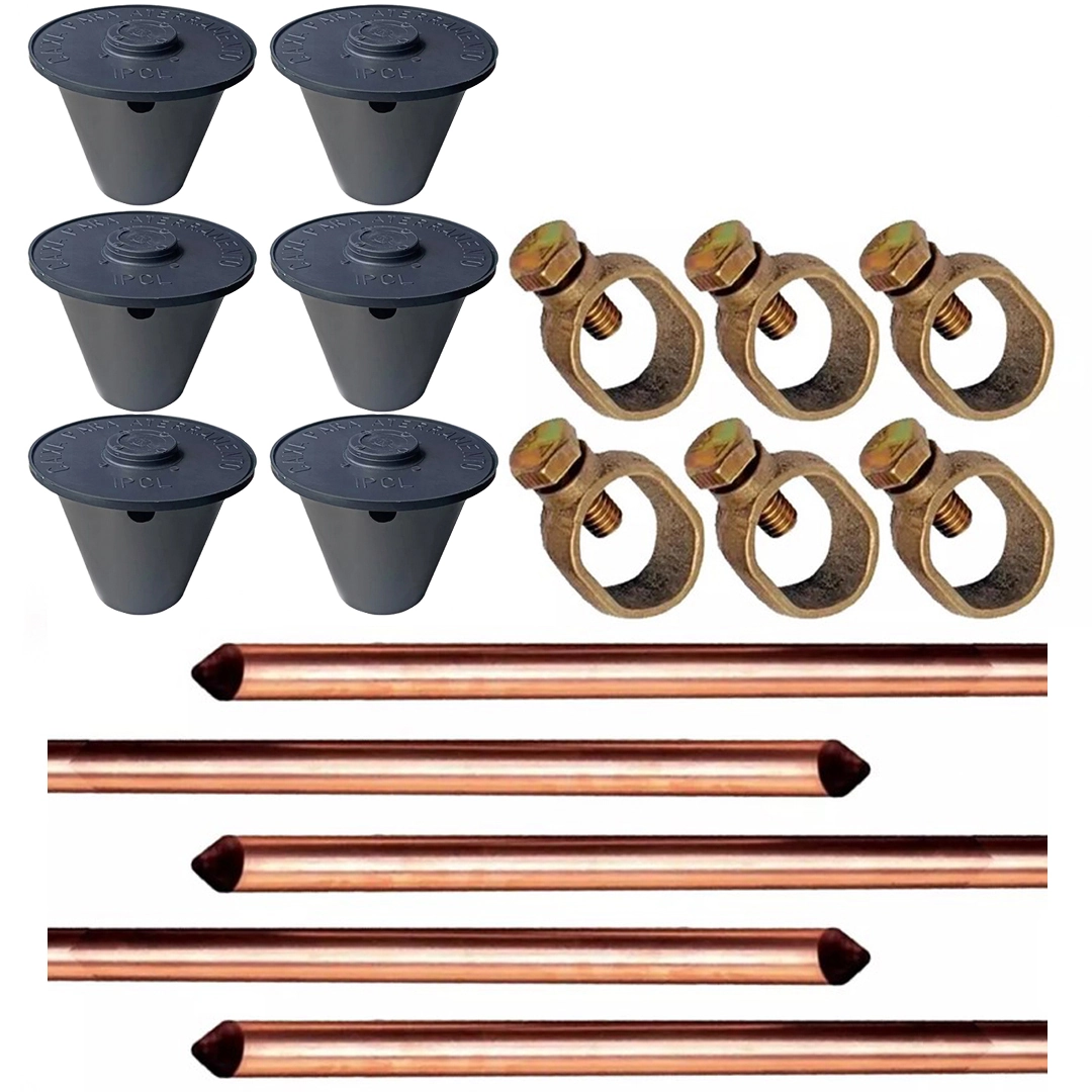 Kit 6 Haste Terra 5/8"x2,40m Cobreada + Conectores + Caixa