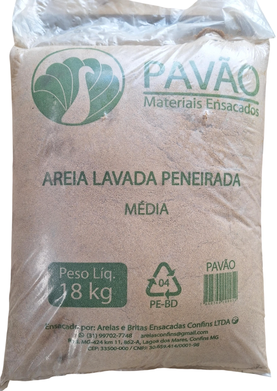 Areia Lavada Média Pavão Saco de 18kg Ensacados Confins