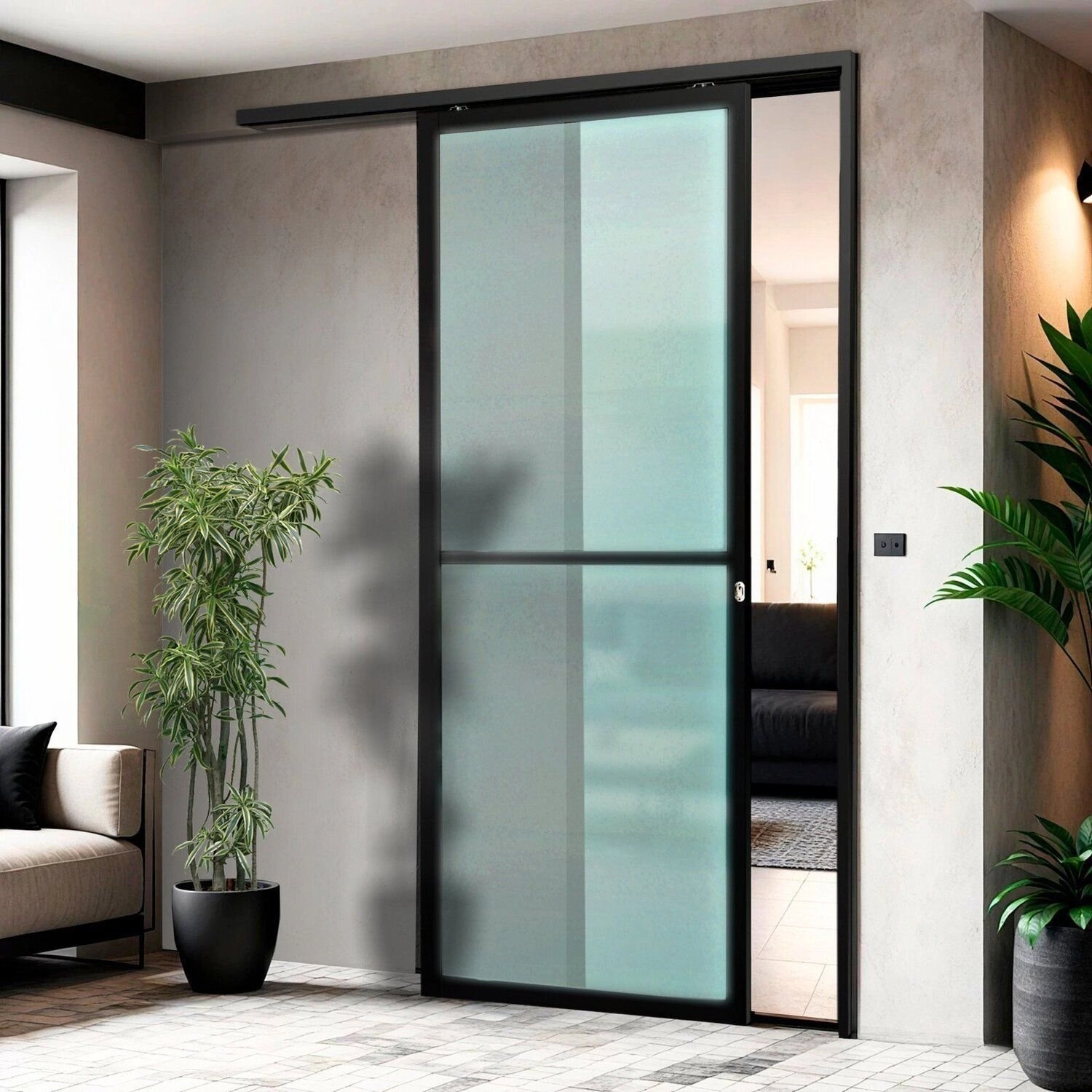 Porta De Correr Suspensa 210x100cm Vidrao Esq L.25 Brimak Abertura Esquerda Preto